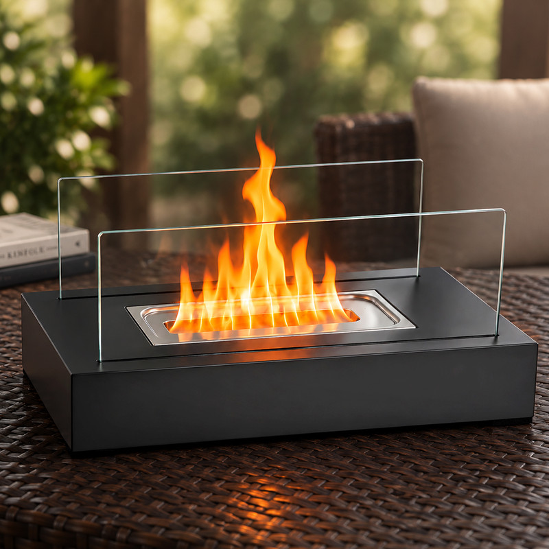 Gbly Rechteckiger Bioethanol‑kamin Für Innen‑ Und Außenbereich, Mit Zwei Borosilikat‑glasabweisern