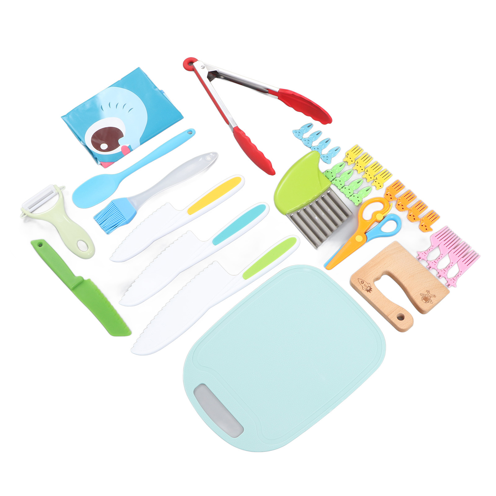 Kinderküchenmesserset Mit 33 Teilen: Gezahntes Holzmesser, Plastikmesser, Kartoffelmesser, Sparschäler, Schneidebrett Und Vieles Mehr.