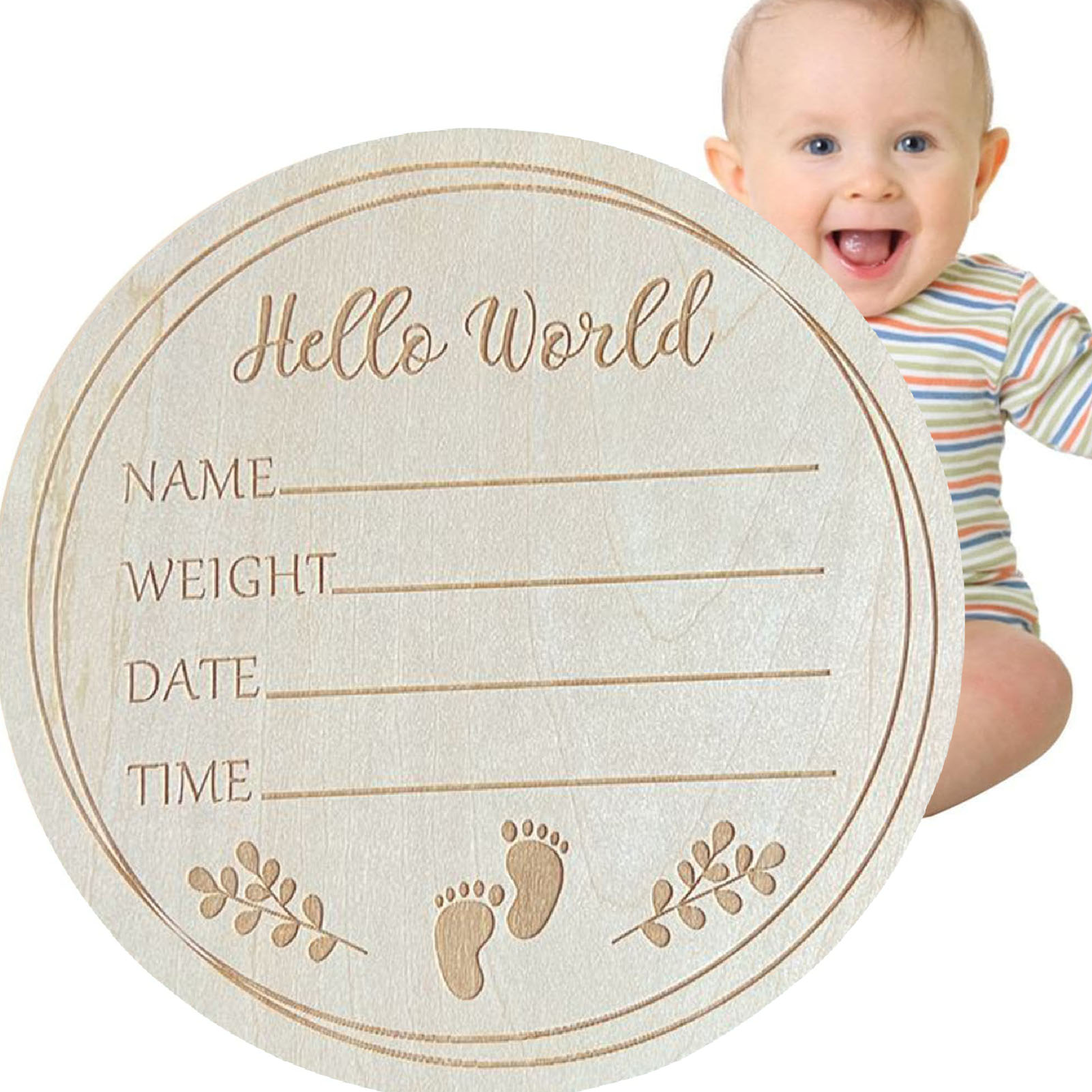 Runde Plakette (15 Cm Durchmesser) Aus Lindenholz Für Geburtsanzeigenfotos Mit Der Aufschrift „hallo Welt“, Ideal Fürs Babyzimmer. L7