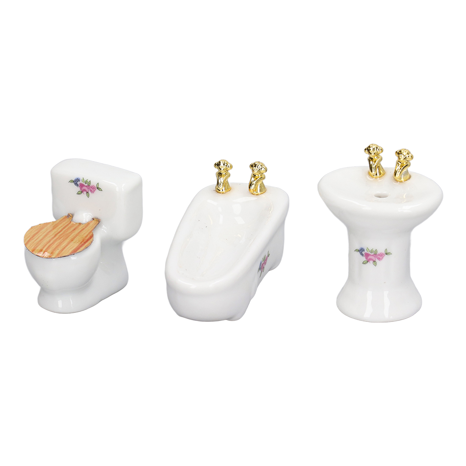 Miniatur-badezimmer-set Für Puppenhäuser, Bestehend Aus 3 Keramikteilen: Badewanne, Toilette Und Waschbecken. Maßstab 1:24. Badezimmermöbel Mit Blumenmuster.
