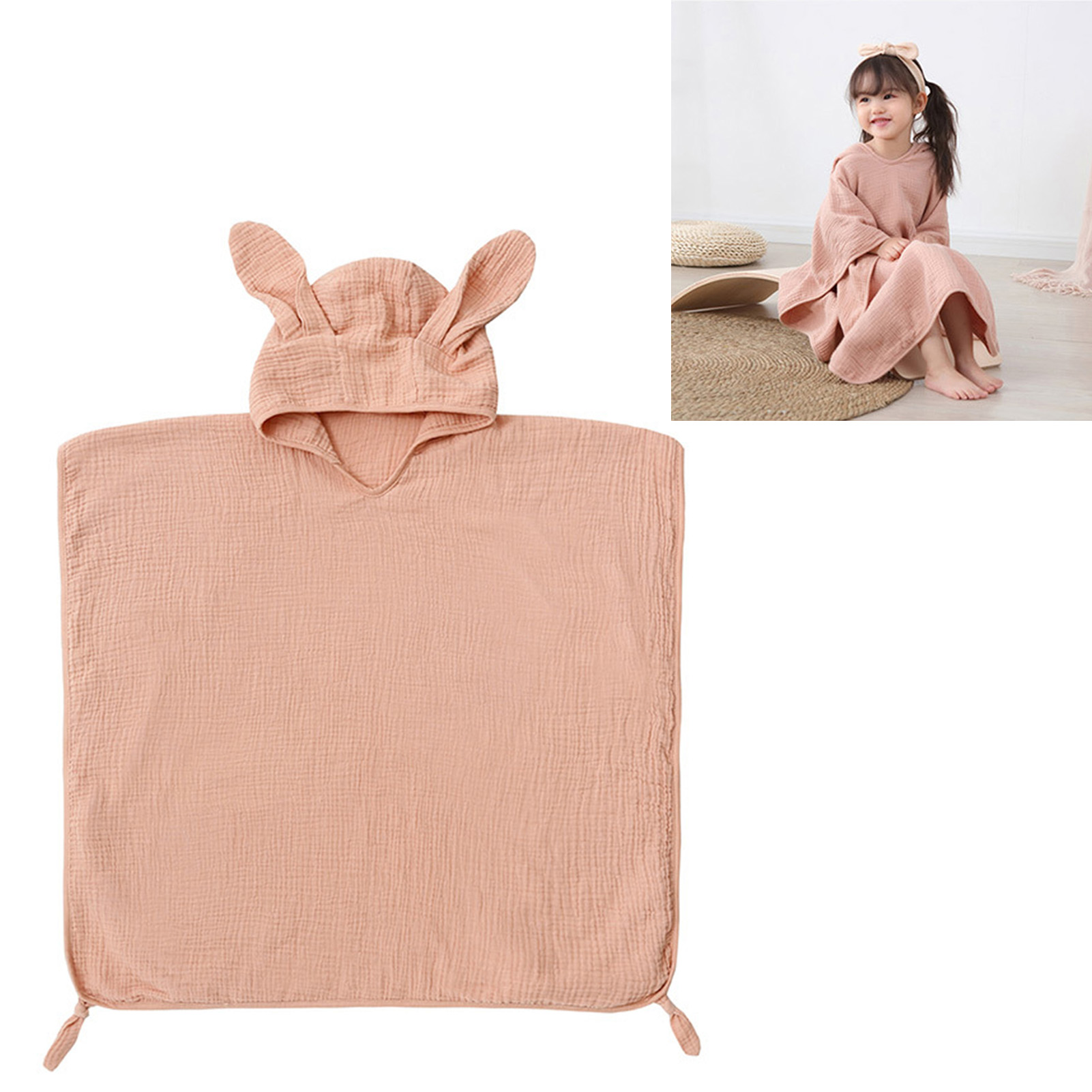 Kapuzenbadetuch Für Kinder, Aus Reiner Baumwolle, 4-lagig, Saugfähig, Tragbar, Antikrosa, Mit Hasenohren.