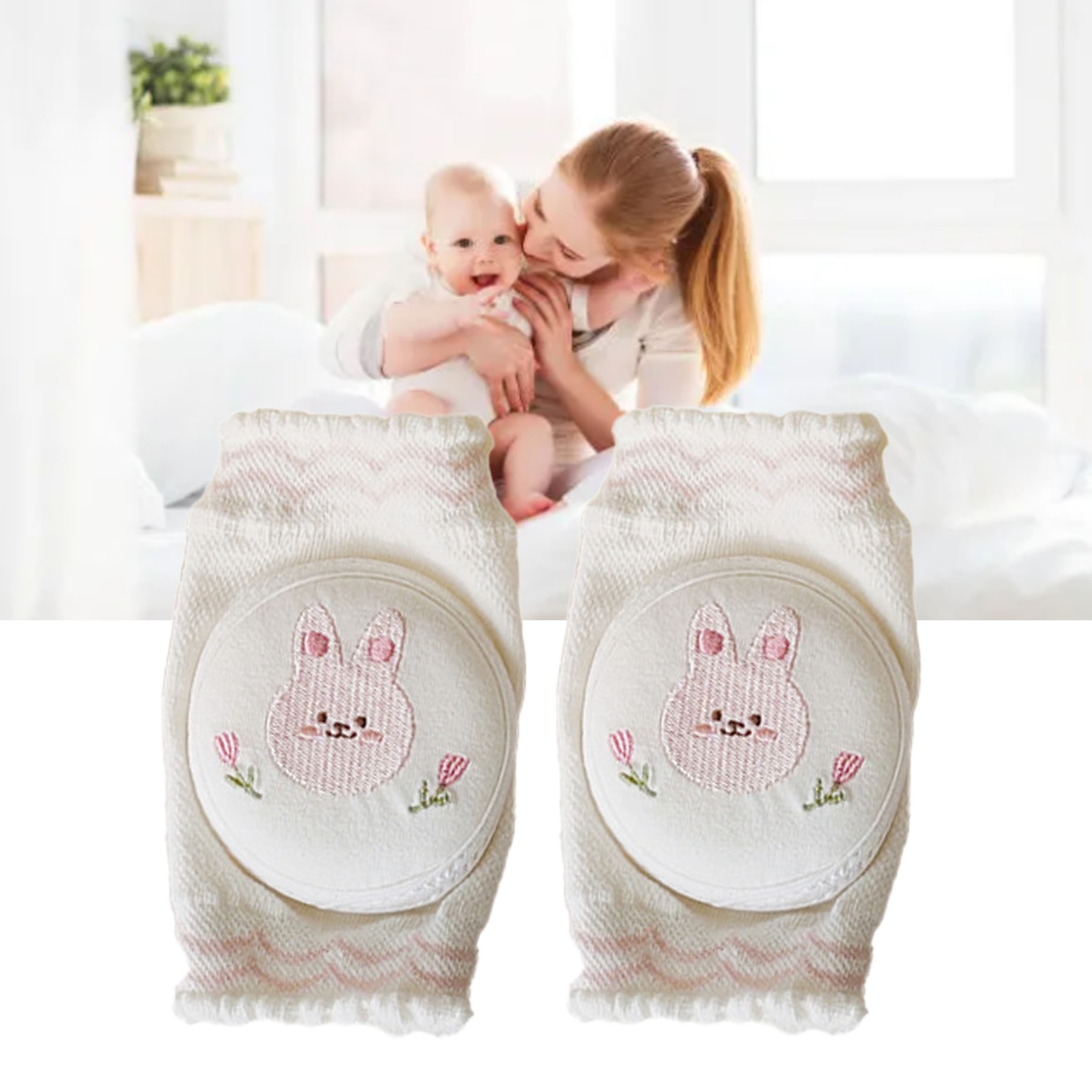 Baby-knieschoner Aus Reiner Baumwolle, Weich, Bequem, Dünn, Elastisch, Verstellbar Und Rutschfest, Ideal Als Krabbelhilfe Für Babys, Mit Hasenmotiv.