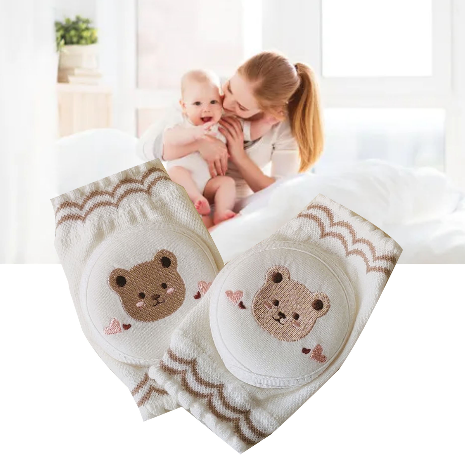 Baby-knieschoner Aus Reiner Baumwolle, Weich, Bequem, Dünn, Elastisch, Verstellbar, Rutschfest, Helfen Babys Beim Krabbeln, Mit Bärenmotiv.