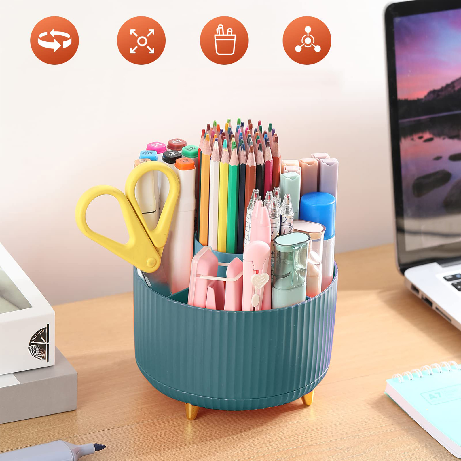 Schreibtisch-stiftehalter, 5 Fächer, 360° Drehbar, Stifteorganizer Zur Aufbewahrung Von Büromaterialien, Grün.