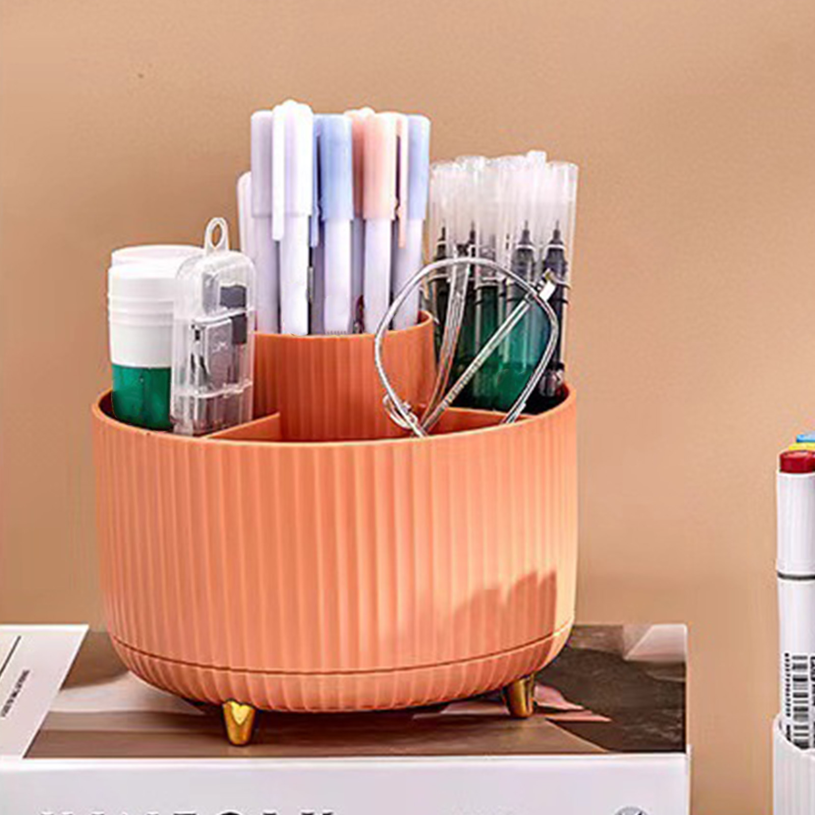 Schreibtisch-stiftehalter Mit 5 Fächern, 360° Drehbar, Ideal Zur Aufbewahrung Von Büromaterialien, Orange.