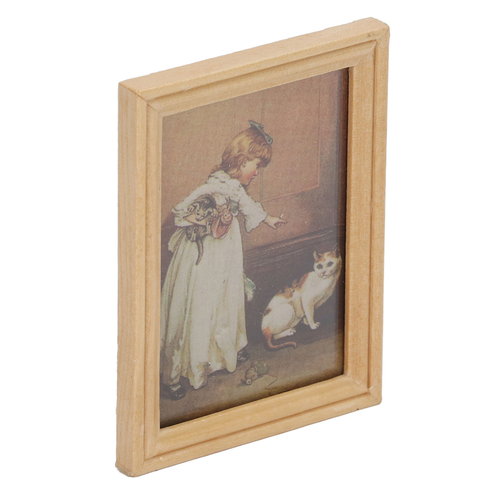 Miniatur-puppenhausrahmen Aus Bemaltem Holz Mit Einem Mädchen Und Einer Katze. Wunderschön, Filigran Und Tragbar, Ideal Für Puppenhäuser Im Maßstab 1:12.