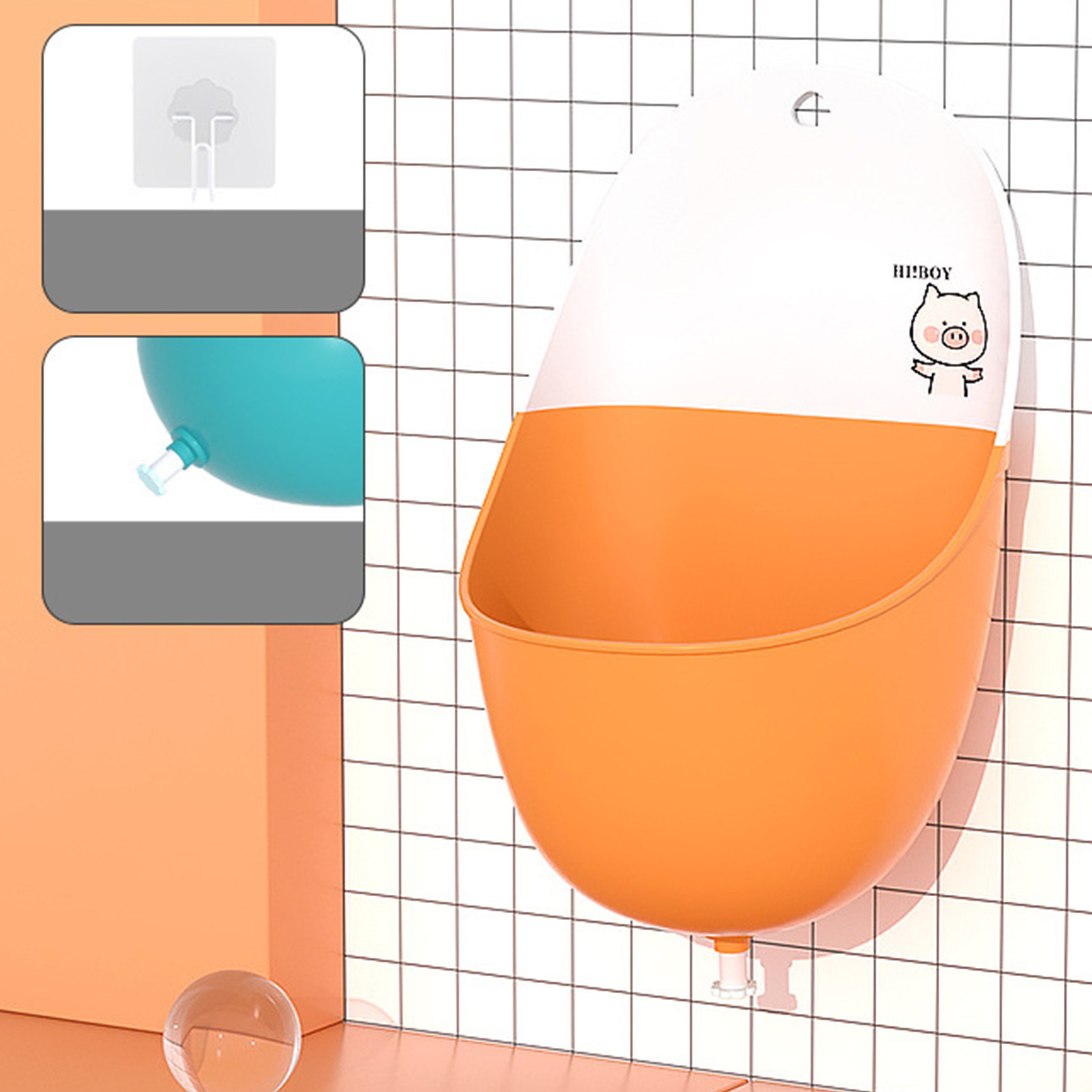 Kinderurinal, Leicht, Tragbar, Faltbar, Mit Praktischem Fassungsvermögen, Aus Pp Tpr, Im Cartoon-stil, Urinal Für Das Töpfchentraining Von Jungen, Orangefarbenes Schweinchen (mit Haken Und Wasserversc