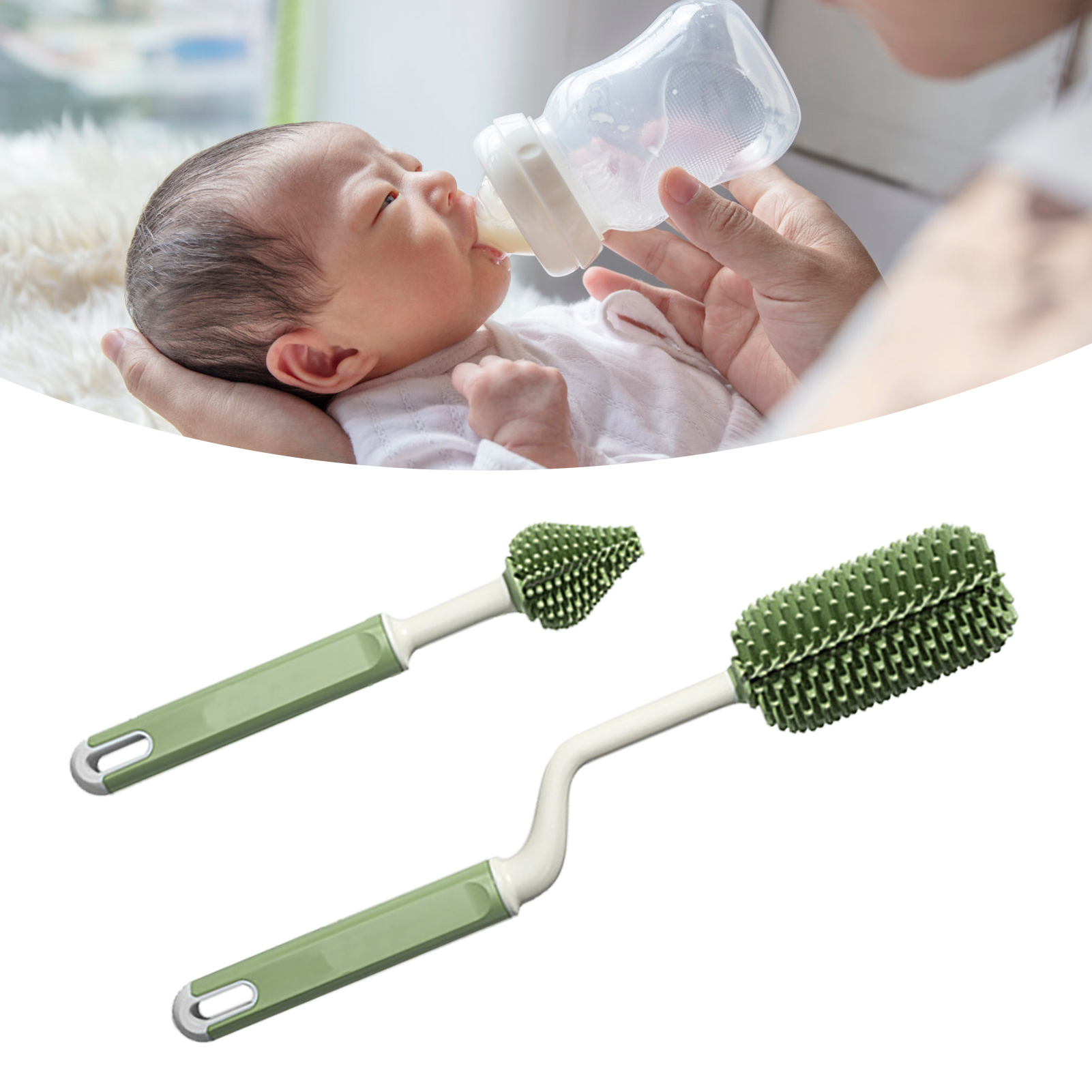 Silikonbürste Mit Langem Griff Zur Reinigung Von Babyflaschen. Entfernt Rückstände Und Reinigt Gründlich, Auch Die Sauger. Geeignet Für Trinkflaschen Und Babyflaschen. Farbe: Grün.