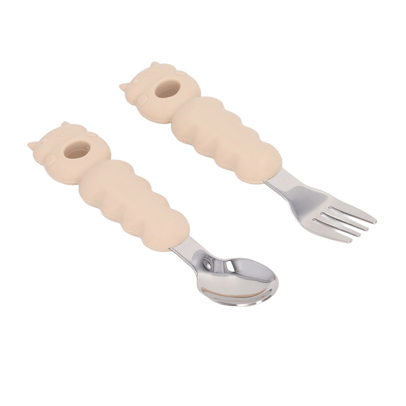 Multifunktionales Gabel- Und Löffelset Im Cartoon-design Für Kleinkinder, Spülmaschinenfest, Mit Komfortablem Griff, Edelstahl 316, Beige.