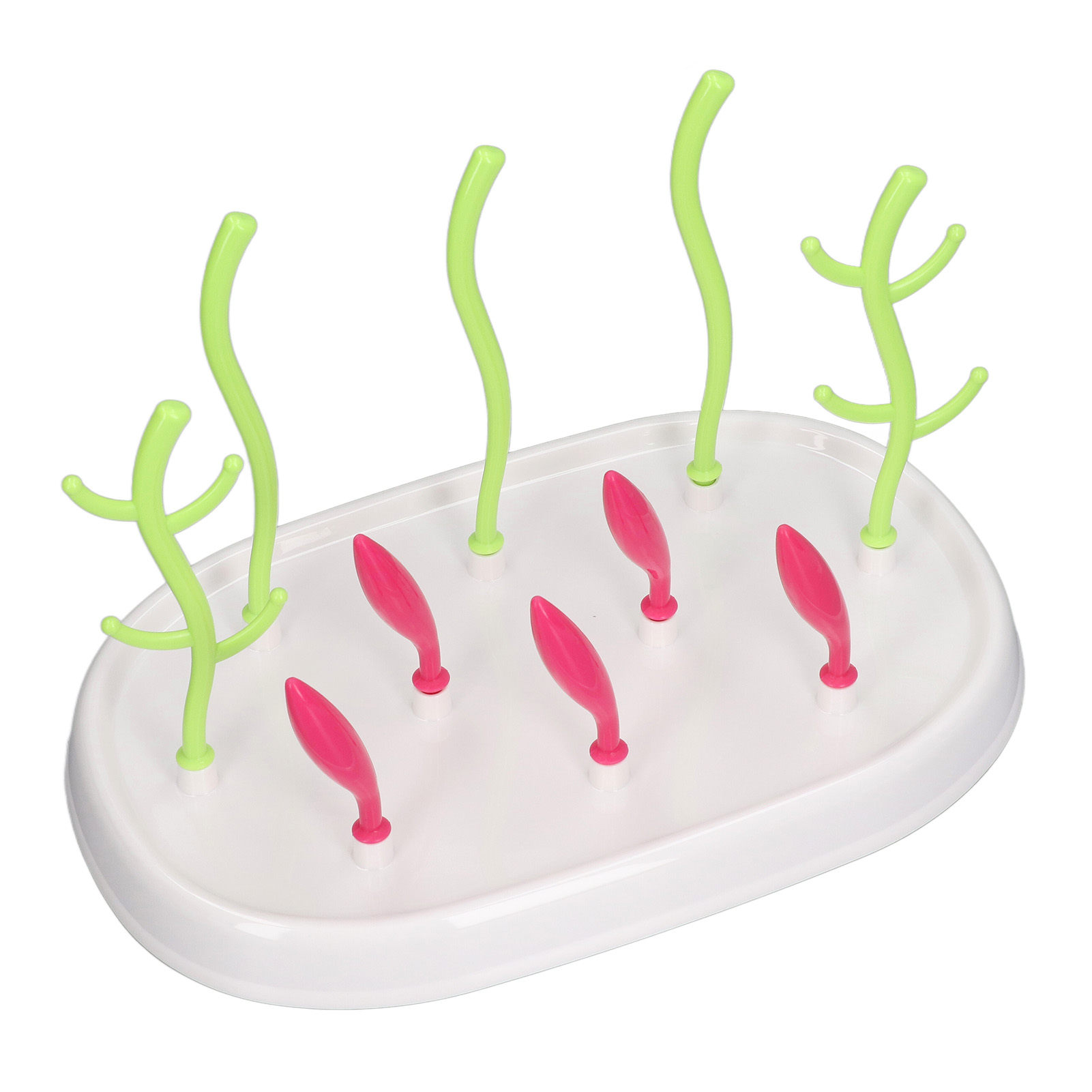 Babyflaschen-trockenständer Mit Abtropfschale, Baumförmiger Kunststoffständer Für Flaschen, Sauger, Deckel Und Becher, Grüne Stange Auf Weißem Sockel.
