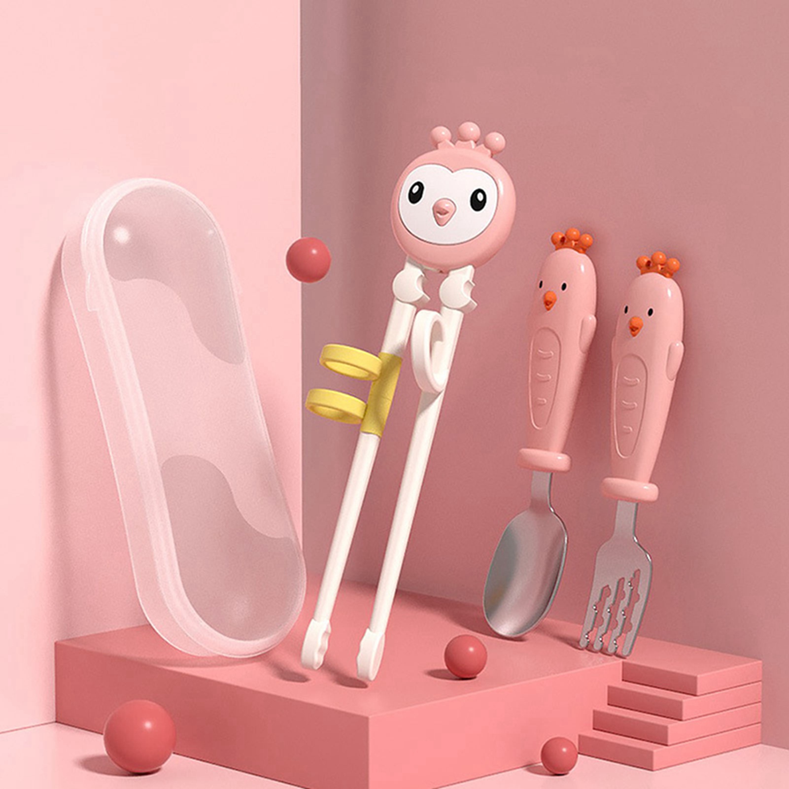 Essstäbchen-set Für Kinder In Tierformen, Übungsgabel Und -löffel, Rosa.