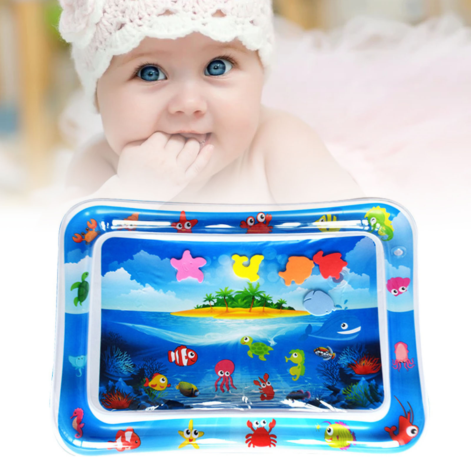 Aufblasbare Pvc-spielmatte Für Babys Zum Spielen Im Wasser, Mit Fischmuster, Rechteckig, Blau, Im Inselstil.