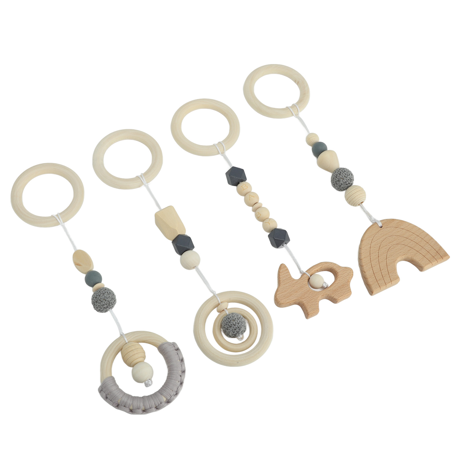 Set Mit 4 Kinderwagenspielzeugen, Hölzernes Baby-aktivitätszentrum, Hängespielzeug Für Kleinkinder Und Babys, Grau.