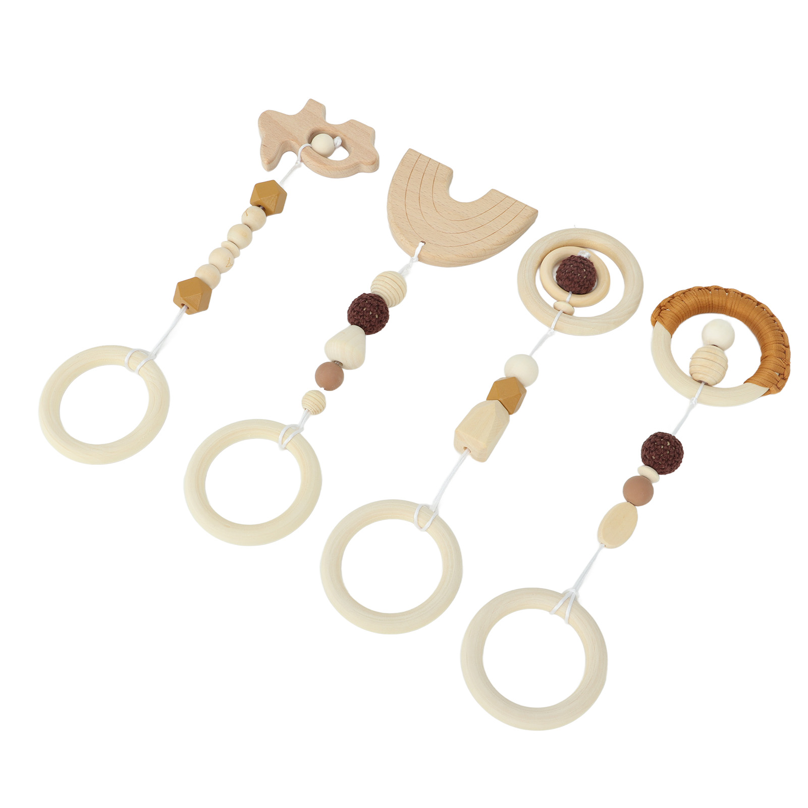 Set Mit 4 Spielzeugen Für Kinderwagen, Baby-aktivitätszentrum, Hängende Holzspielzeuge Für Kleinkinder, Braun.