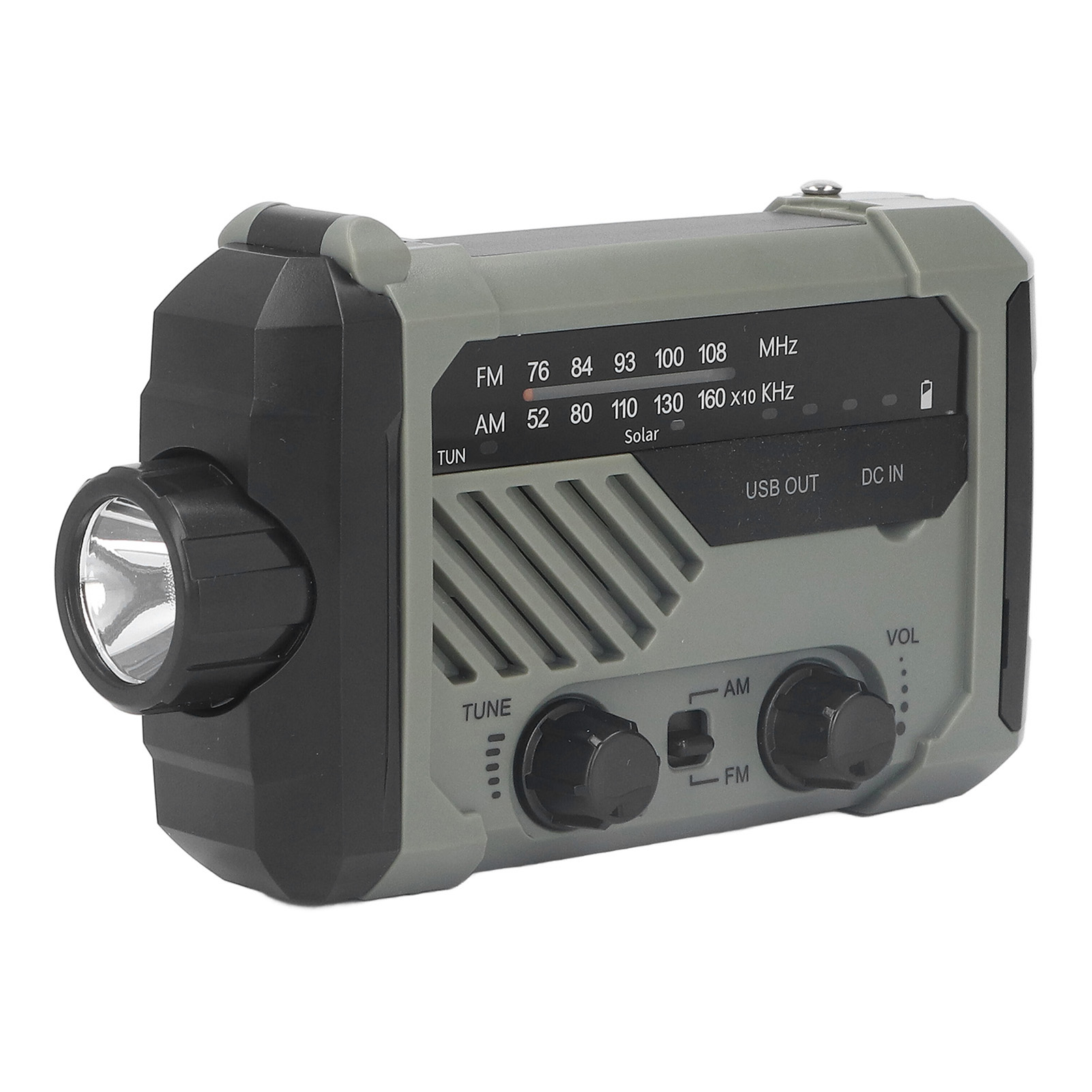 Solarbetriebenes Kurbelradio Mit Am/fm-funktion, Usb-ladefunktion, Externem Akku, Notfallwetterradio, Led-taschenlampe Und Olivgrünem Zifferblatt.
