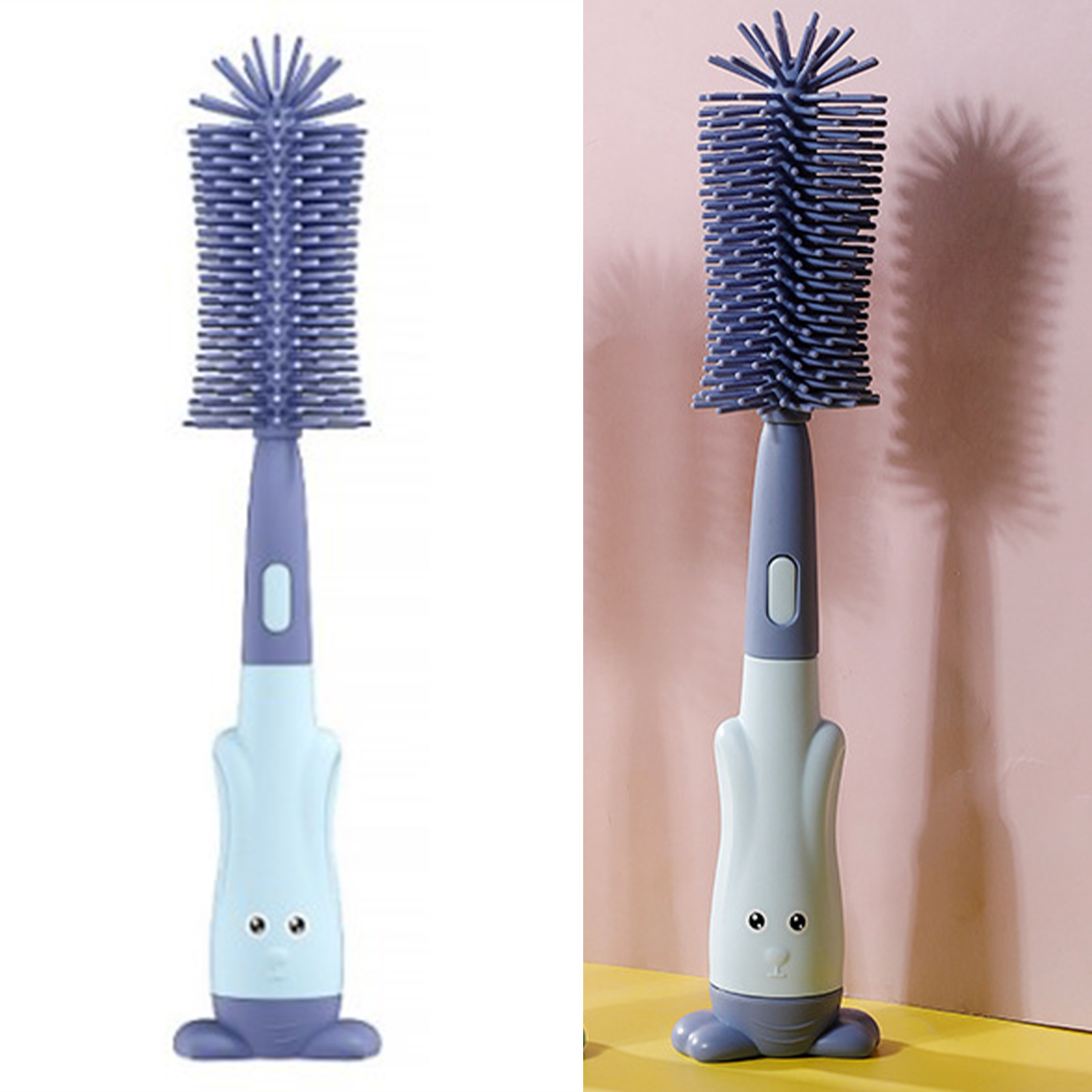 Silikonbürste Zur Reinigung Von Babyflaschen In Hasenform, Mit Langem Griff, Ohne Verpackung, Blau.
