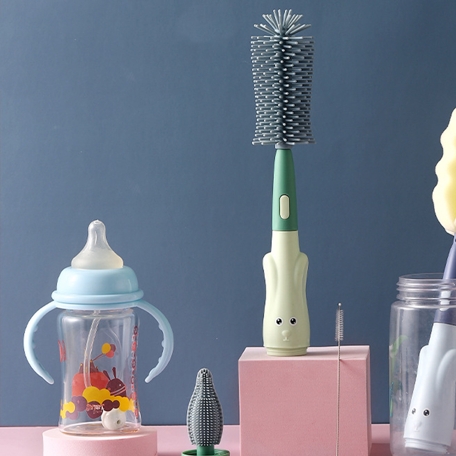 Silikonbürste Zur Reinigung Von Babyflaschen In Hasenform, Mit Langem Griff, Ohne Verpackung, Grün.