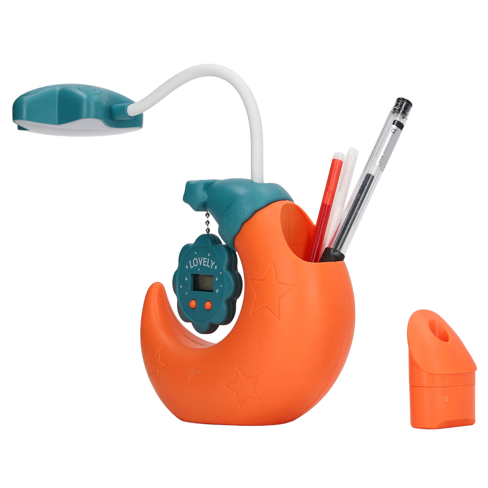Schreibtischlampe Mit Stifthalter, Usb-ladefunktion, Augenschutz, Led-schreibtischlampe Mit Spiegel Und Elektronischer Uhr Für Kinder, Orange.