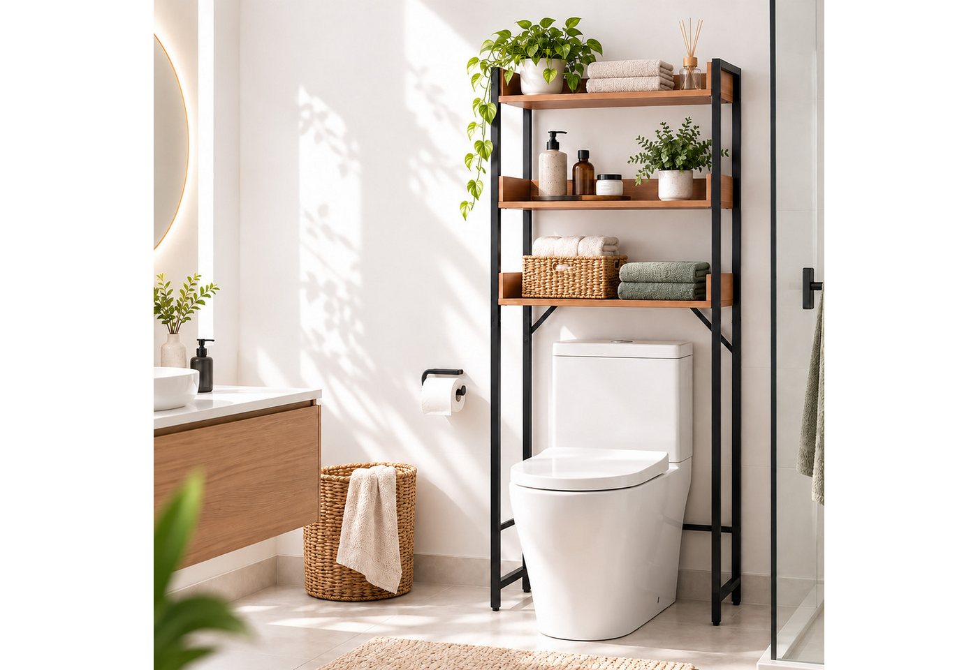 Relaxdays Waschmaschinenregal, 3 Fächer, Regal Über Waschmaschine, Trockner, Toilette, Hbt: 166x63x25 Cm, Natur/schwarz Bild 2