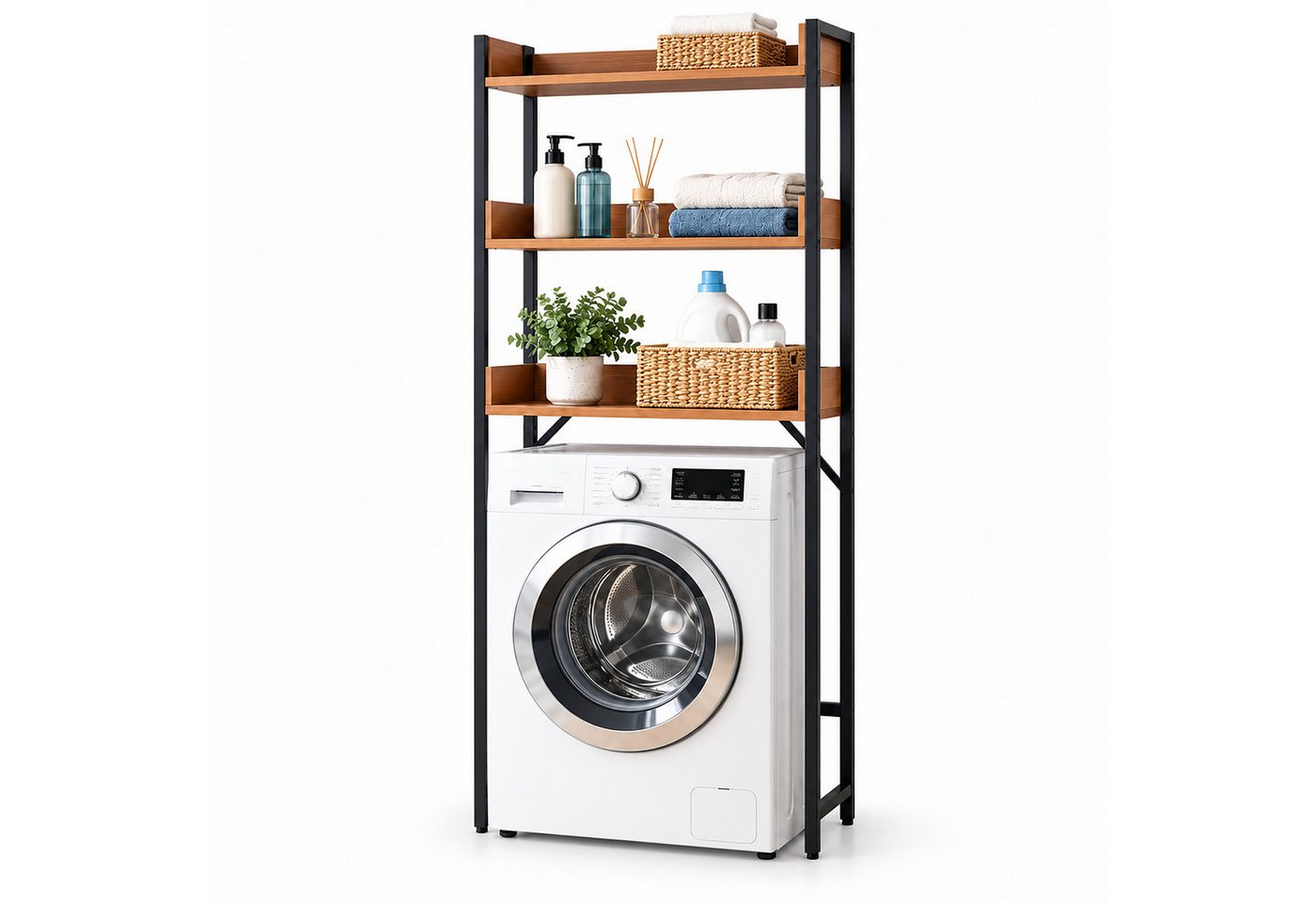 Relaxdays Waschmaschinenregal, 3 Fächer, Regal Über Waschmaschine, Trockner, Toilette, Hbt: 166x63x25 Cm, Natur/schwarz Bild 5