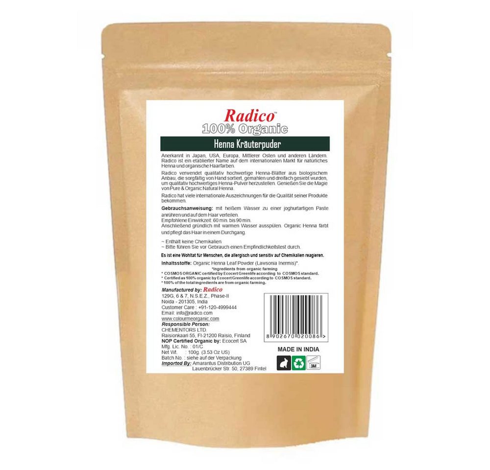 Radico Haarfarbe Haarpflege Kräuterpuder - Henna 100g