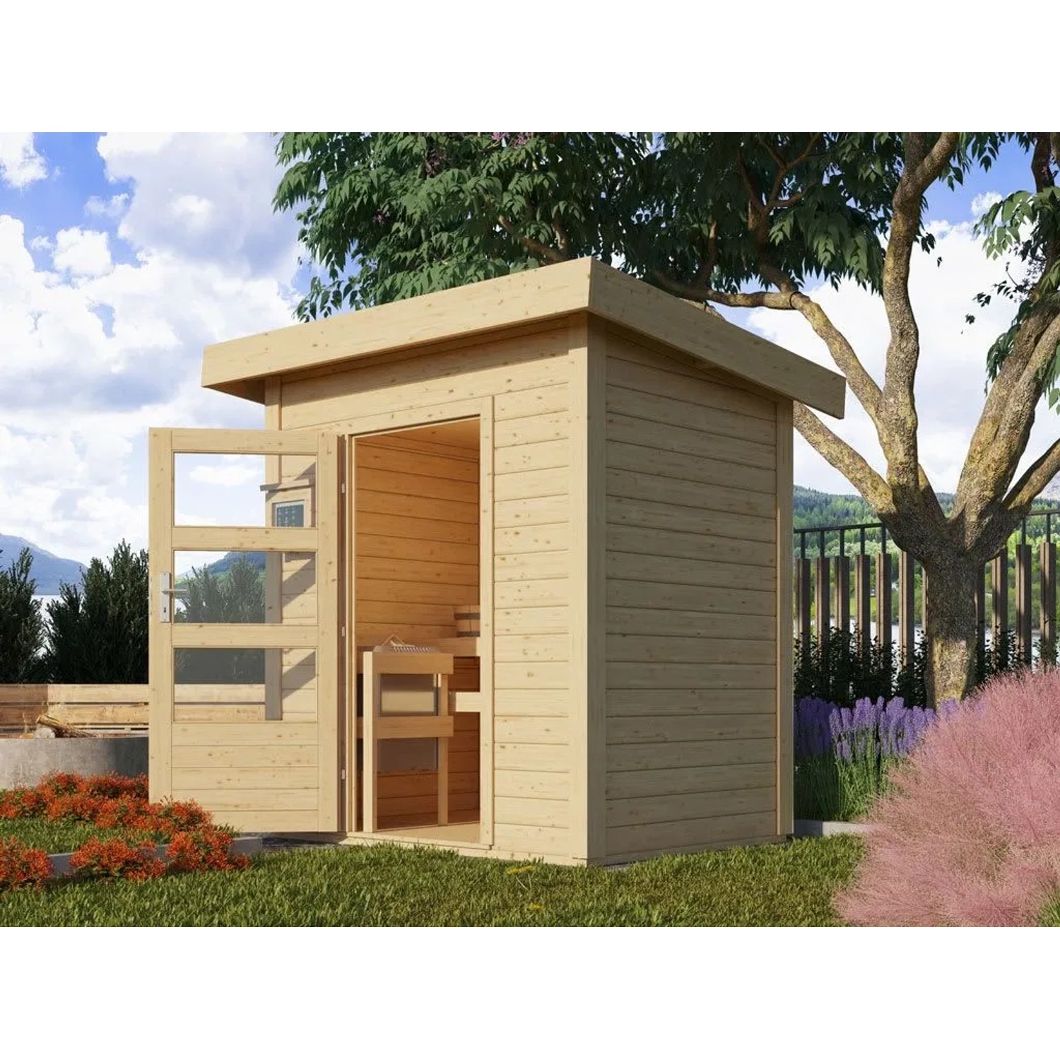Karibu Sauna Sparset Pori 38 mm Naturbelassen Inklusive Saunaofen 9 kW mit Integrierter Steuerung