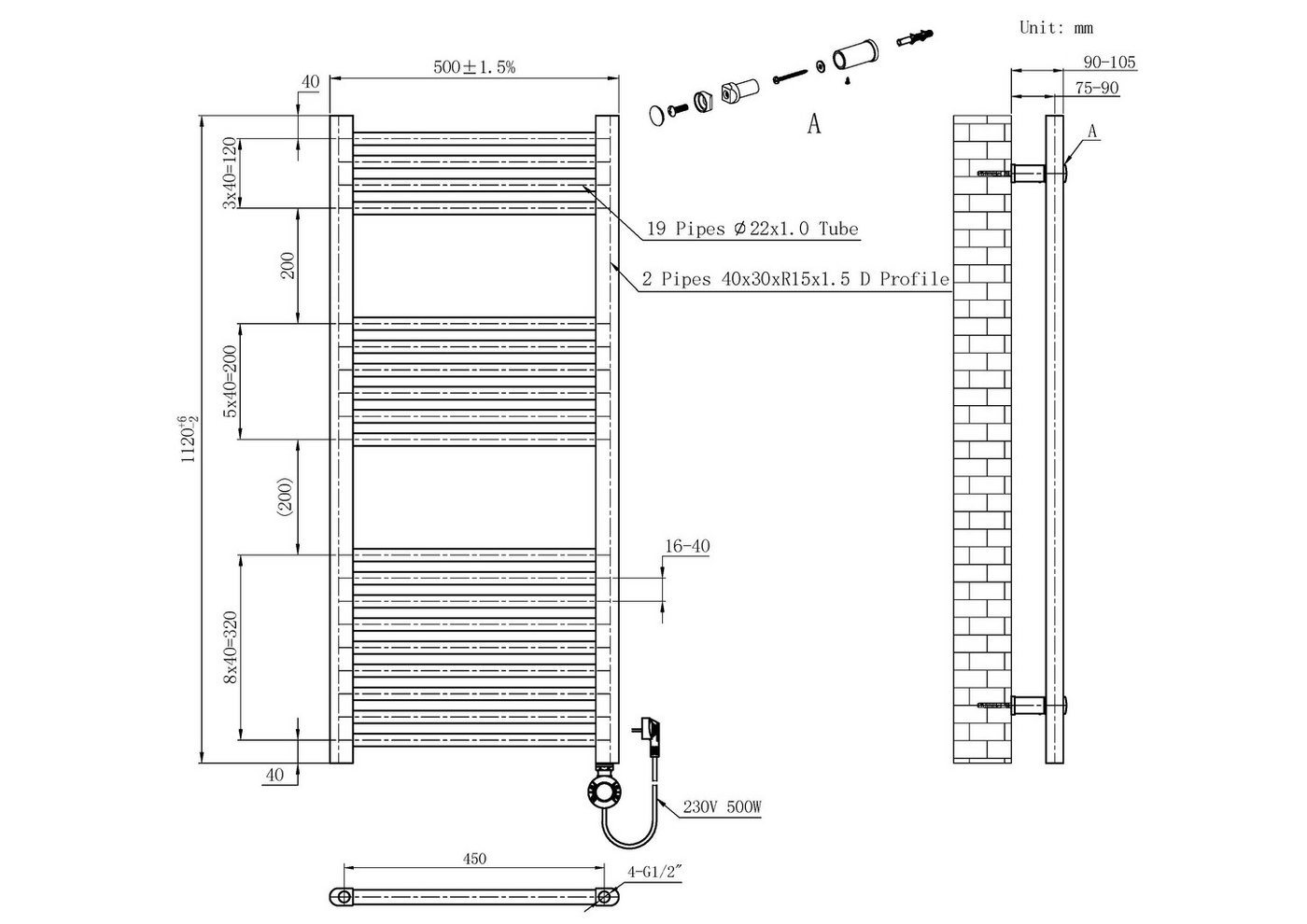 Sanotechnik Badheizkörper E-Bozen 50x112cm, elektrisch, 500W