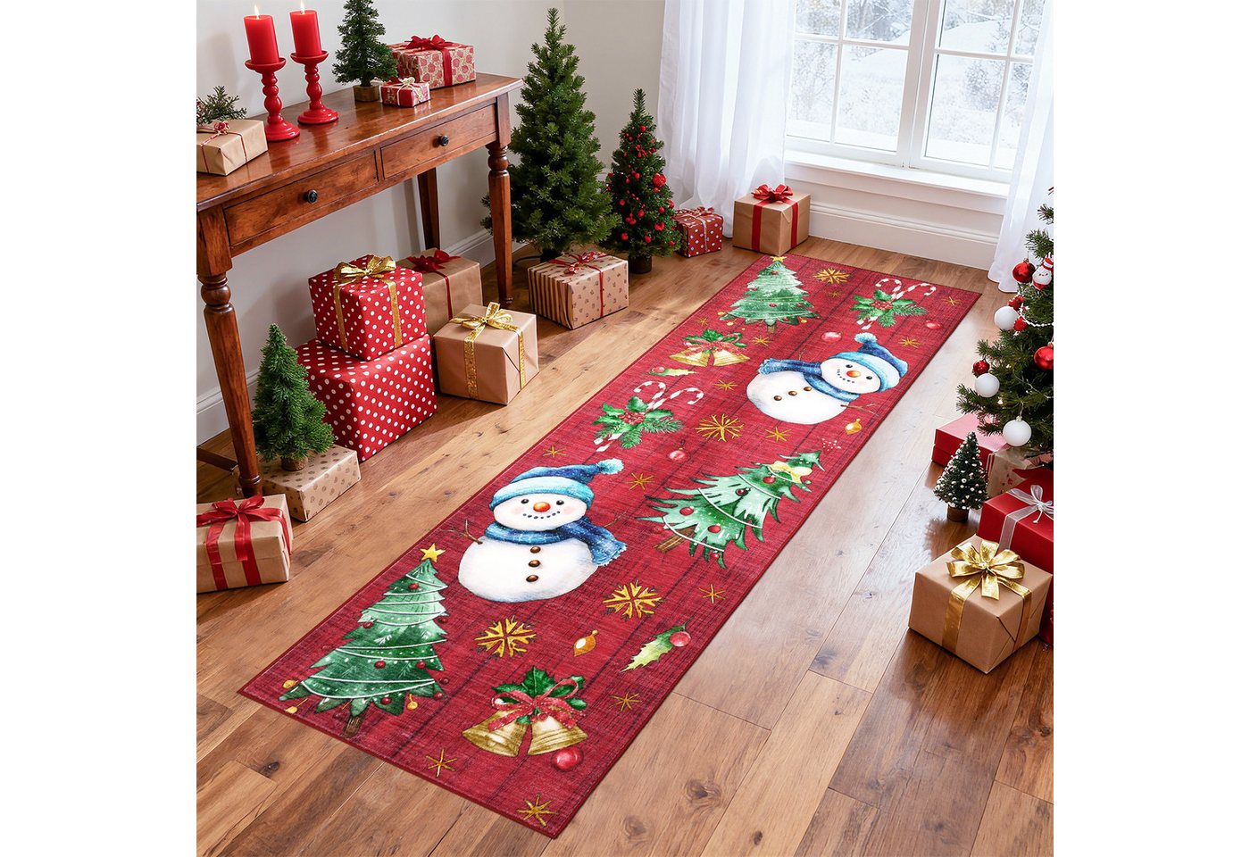 GarveeMore Teppich Schneemann-Tannenbaum Weihnachtsteppich– waschbar & rutschfest, rechteckig, Höhe: 5 mm Bild 2