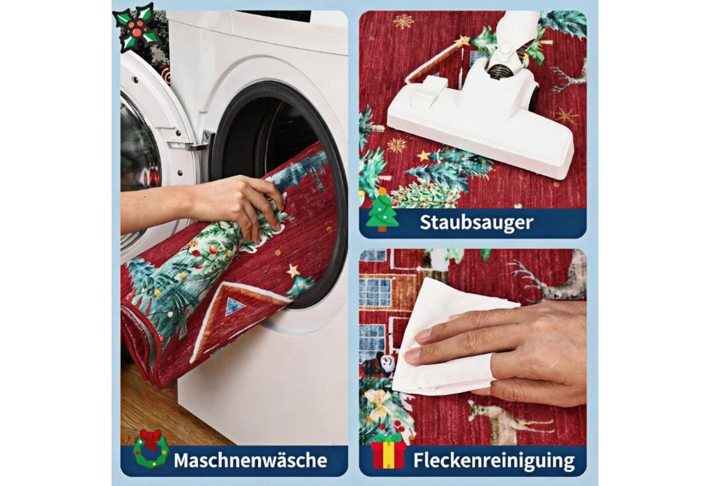 GarveeMore Teppich Schneemann-Tannenbaum Weihnachtsteppich– waschbar & rutschfest, rechteckig, Höhe: 5 mm Bild 5