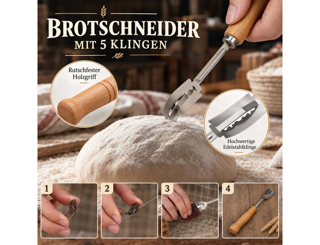 GLIESE POWER Gärkorb -Set 13-teilig oval – mit Leinen-Einlage, Teigschaber & Messer, (13-tlg), 13-teilig, Rattan, Leinen-Einlage, Messer – für perfektes Brot. Bild 3