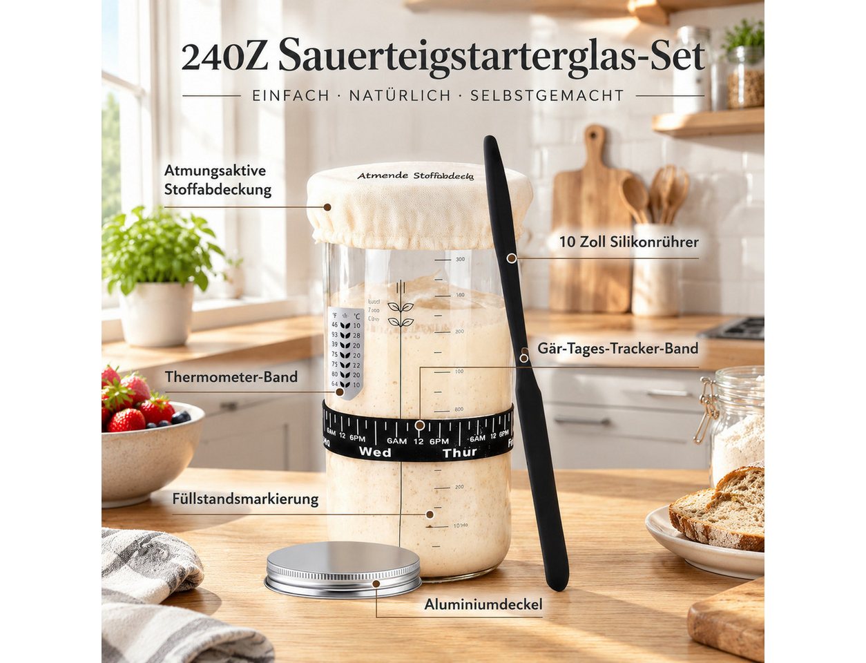 GLIESE POWER Gärkorb -Set 13-teilig oval – mit Leinen-Einlage, Teigschaber & Messer, (13-tlg), 13-teilig, Rattan, Leinen-Einlage, Messer – für perfektes Brot. Bild 4