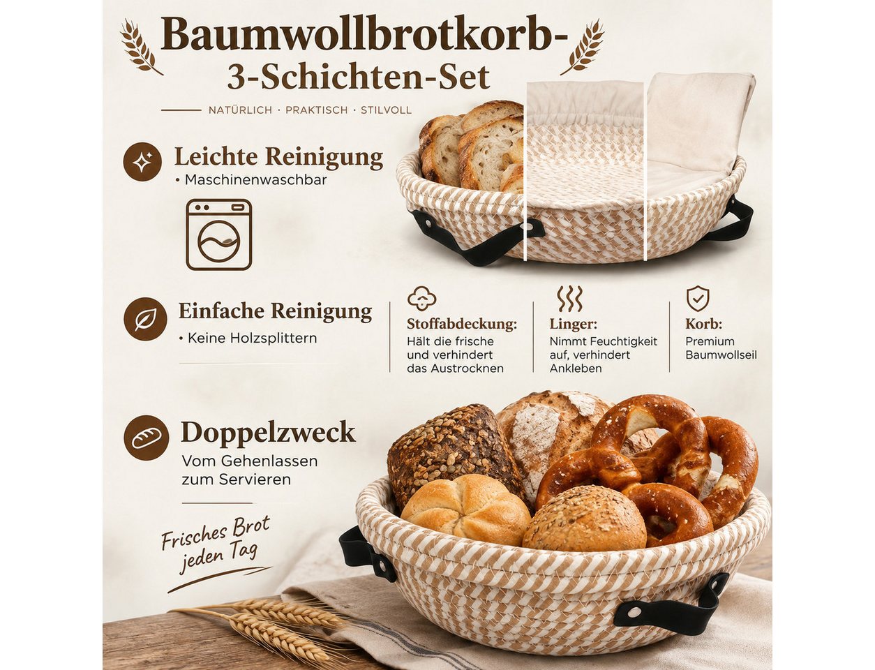 GLIESE POWER Gärkorb -Set 13-teilig oval – mit Leinen-Einlage, Teigschaber & Messer, (13-tlg), 13-teilig, Rattan, Leinen-Einlage, Messer – für perfektes Brot. Bild 5