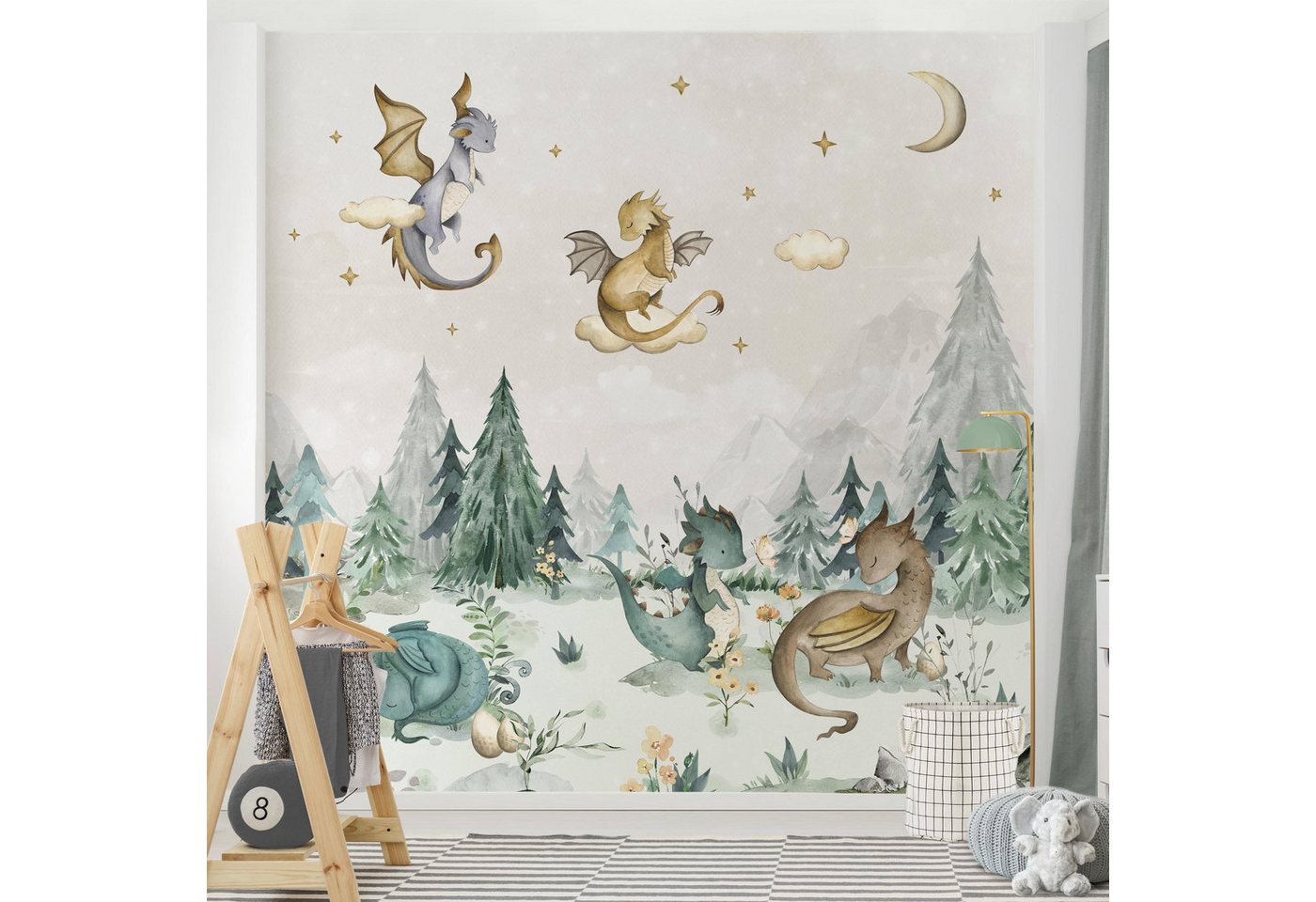 Bilderdepot24 Kindertapete Drachen Aquarell Wald Illustration Kinder Natur Landschaft grün modern, Glatt, Matt, (Vliestapete inkl. Kleister oder selbstklebend), Mädchenzimmer Jungenzimmer Babyzimmer Bildtapete Fototapete Wandtapete