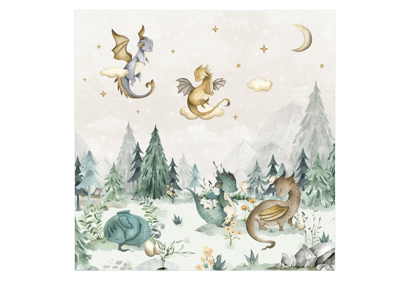 Bilderdepot24 Kindertapete Drachen Aquarell Wald Illustration Kinder Natur Landschaft grün modern, Glatt, Matt, (Vliestapete inkl. Kleister oder selbstklebend), Mädchenzimmer Jungenzimmer Babyzimmer Bildtapete Fototapete Wandtapete Bild 2