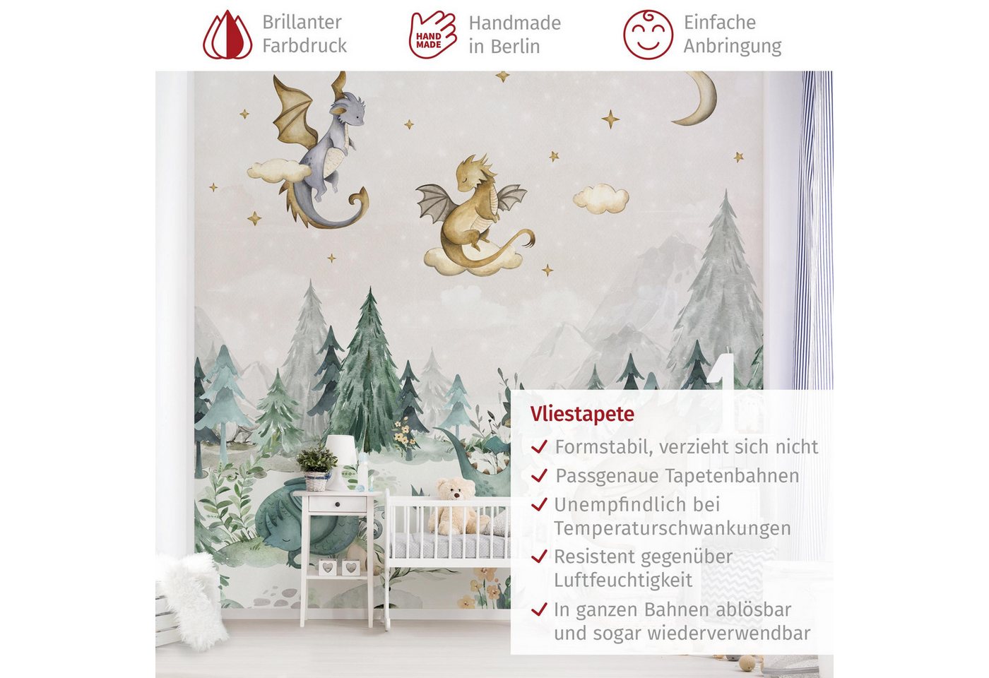 Bilderdepot24 Kindertapete Drachen Aquarell Wald Illustration Kinder Natur Landschaft grün modern, Glatt, Matt, (Vliestapete inkl. Kleister oder selbstklebend), Mädchenzimmer Jungenzimmer Babyzimmer Bildtapete Fototapete Wandtapete Bild 3