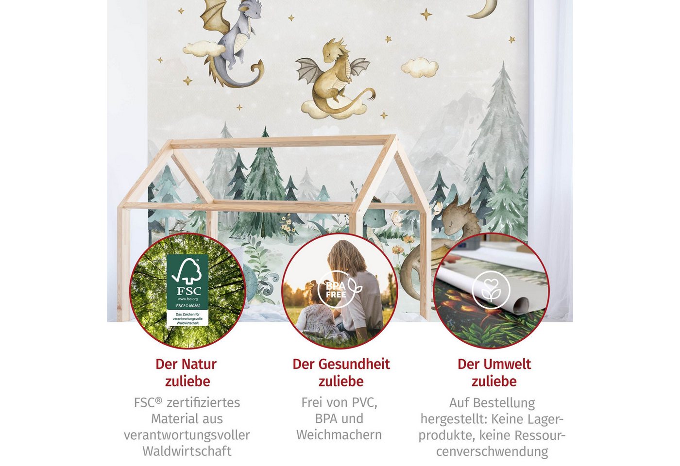 Bilderdepot24 Kindertapete Drachen Aquarell Wald Illustration Kinder Natur Landschaft grün modern, Glatt, Matt, (Vliestapete inkl. Kleister oder selbstklebend), Mädchenzimmer Jungenzimmer Babyzimmer Bildtapete Fototapete Wandtapete Bild 5