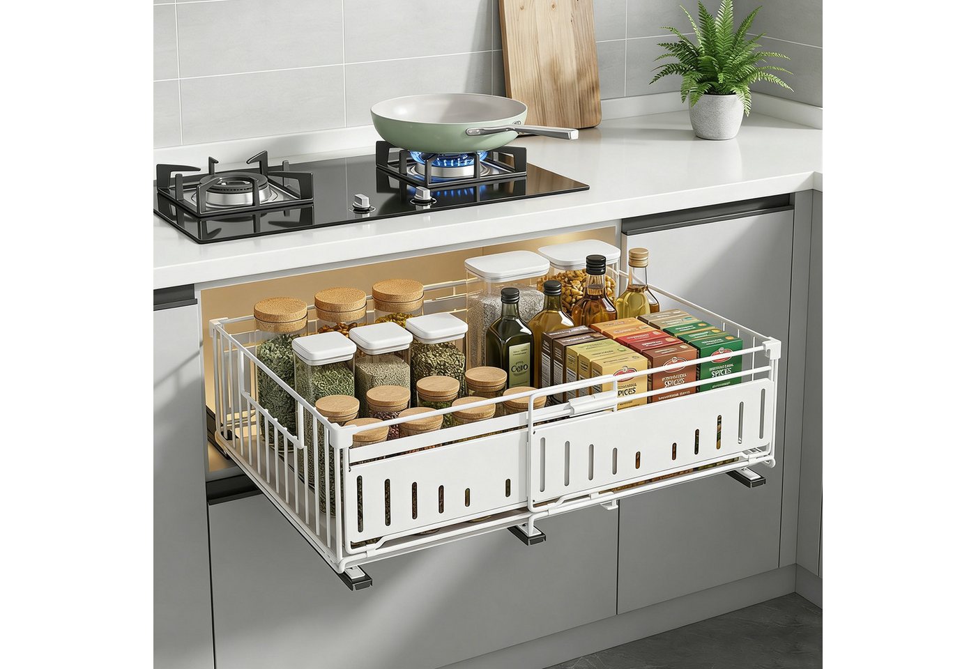 BlingBin Küchenorganizer-Set Teleskopschublade Ausziehbare Schublade Küche Organizer Schrankkorb, (2 Stück, 2-tlg., ohne Bohren für Küche Küchenschränke, Bad, Zimmern und Abstellräumen), 39x16.5x32.5-49.5 CM,Pull Out Cabinet Drawer mit Kleber