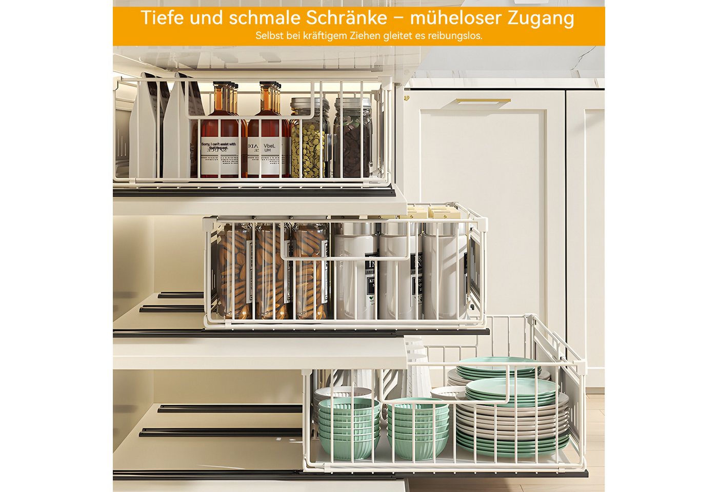 BlingBin Küchenorganizer-Set Teleskopschublade Ausziehbare Schublade Küche Organizer Schrankkorb, (2 Stück, 2-tlg., ohne Bohren für Küche Küchenschränke, Bad, Zimmern und Abstellräumen), 39x16.5x32.5-49.5 CM,Pull Out Cabinet Drawer mit Kleber Bild 2