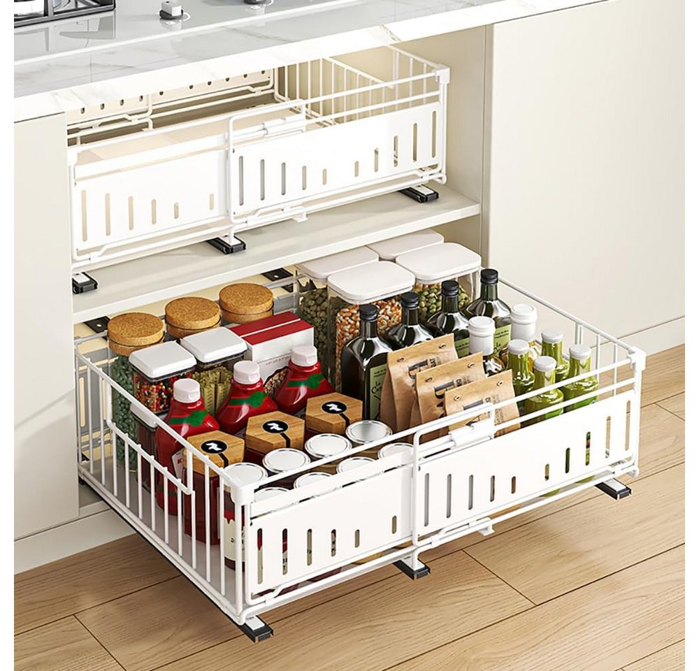 BlingBin Küchenorganizer-Set Teleskopschublade Ausziehbare Schublade Küche Organizer Schrankkorb, (2 Stück, 2-tlg., ohne Bohren für Küche Küchenschränke, Bad, Zimmern und Abstellräumen), 39x16.5x32.5-49.5 CM,Pull Out Cabinet Drawer mit Kleber Bild 3