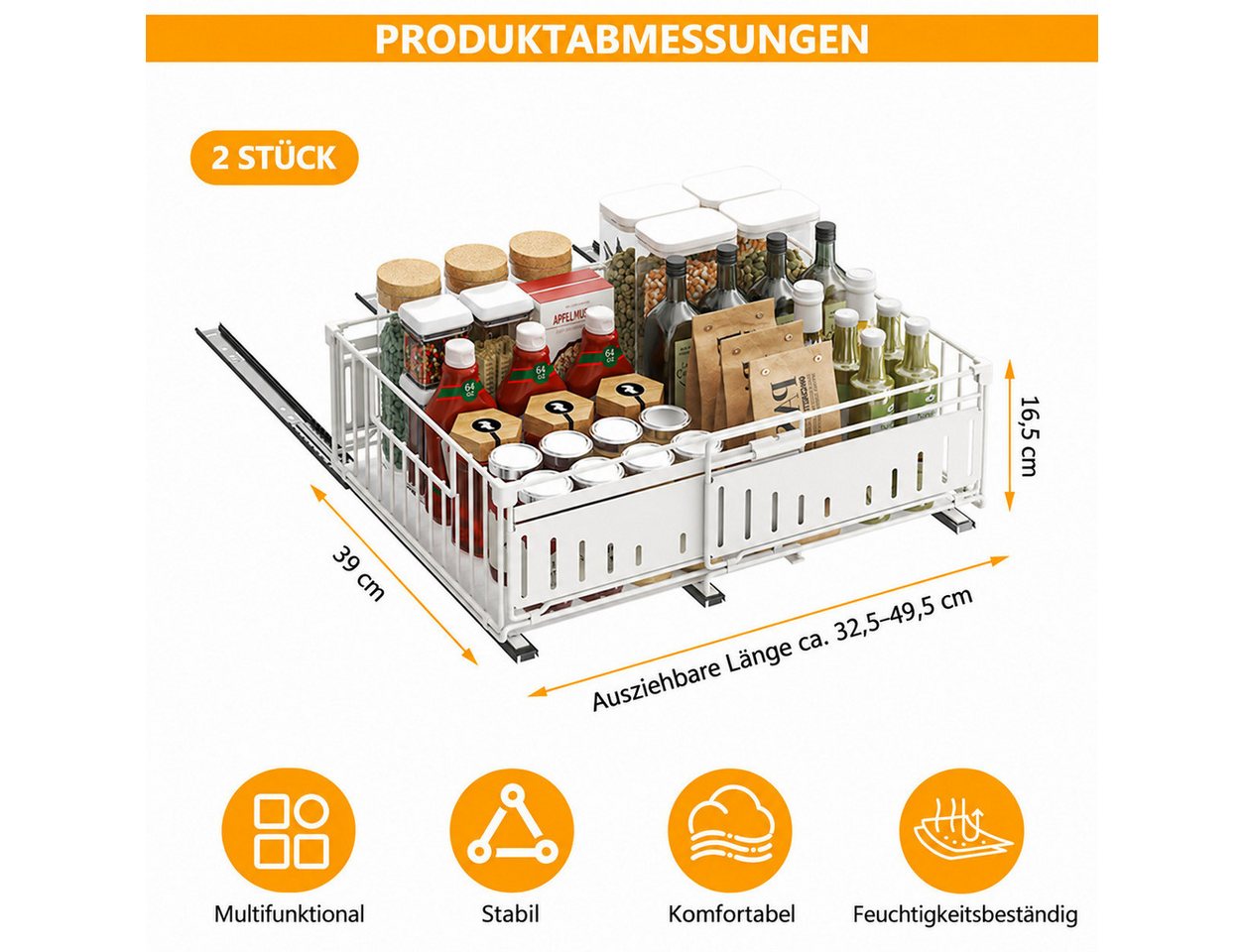 BlingBin Küchenorganizer-Set Teleskopschublade Ausziehbare Schublade Küche Organizer Schrankkorb, (2 Stück, 2-tlg., ohne Bohren für Küche Küchenschränke, Bad, Zimmern und Abstellräumen), 39x16.5x32.5-49.5 CM,Pull Out Cabinet Drawer mit Kleber Bild 4