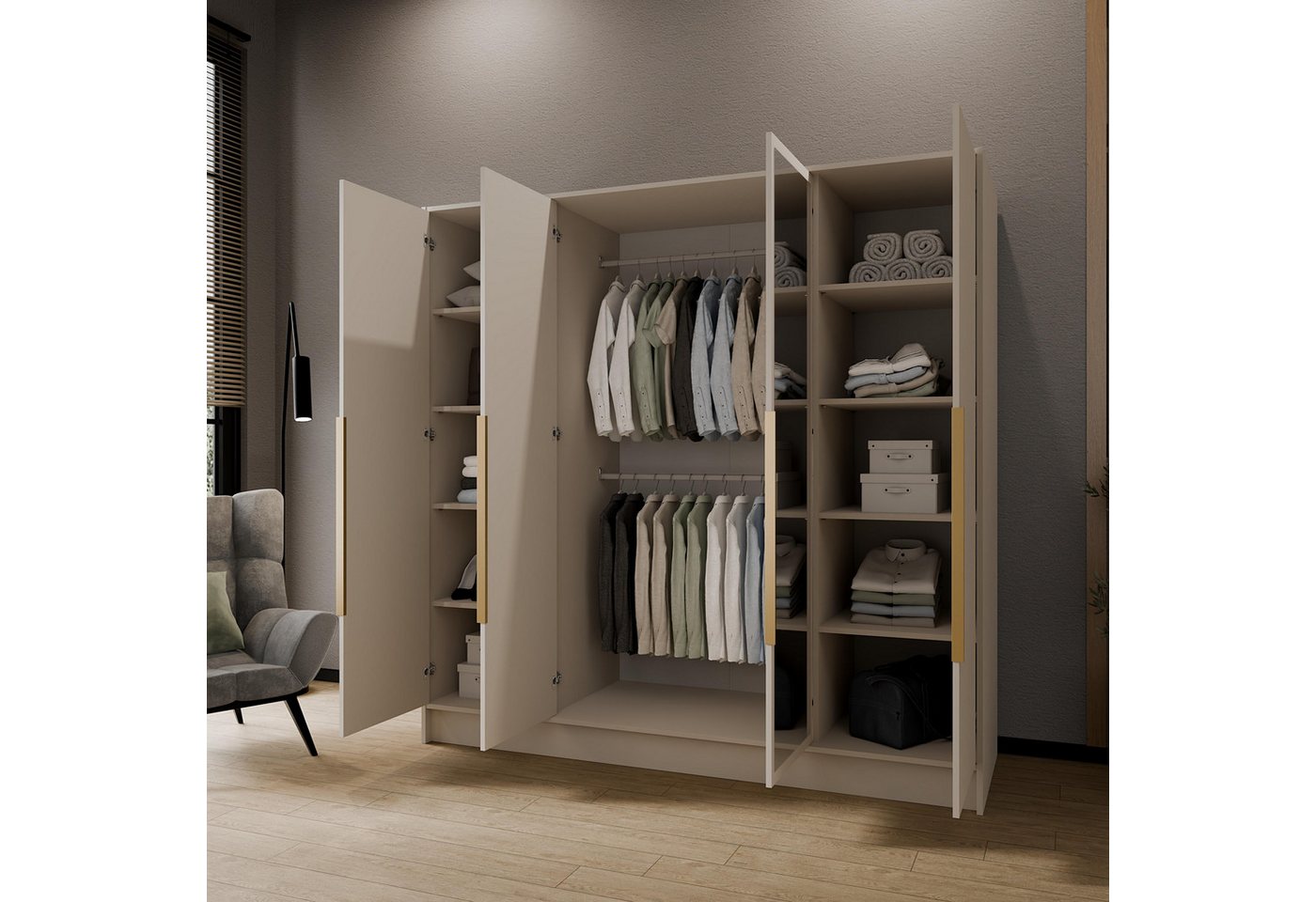 Masseno Drehtürenschrank RENVO 200 cm Kleiderschrank mit Spiegel 4 Türen Kaschmir Bild 4