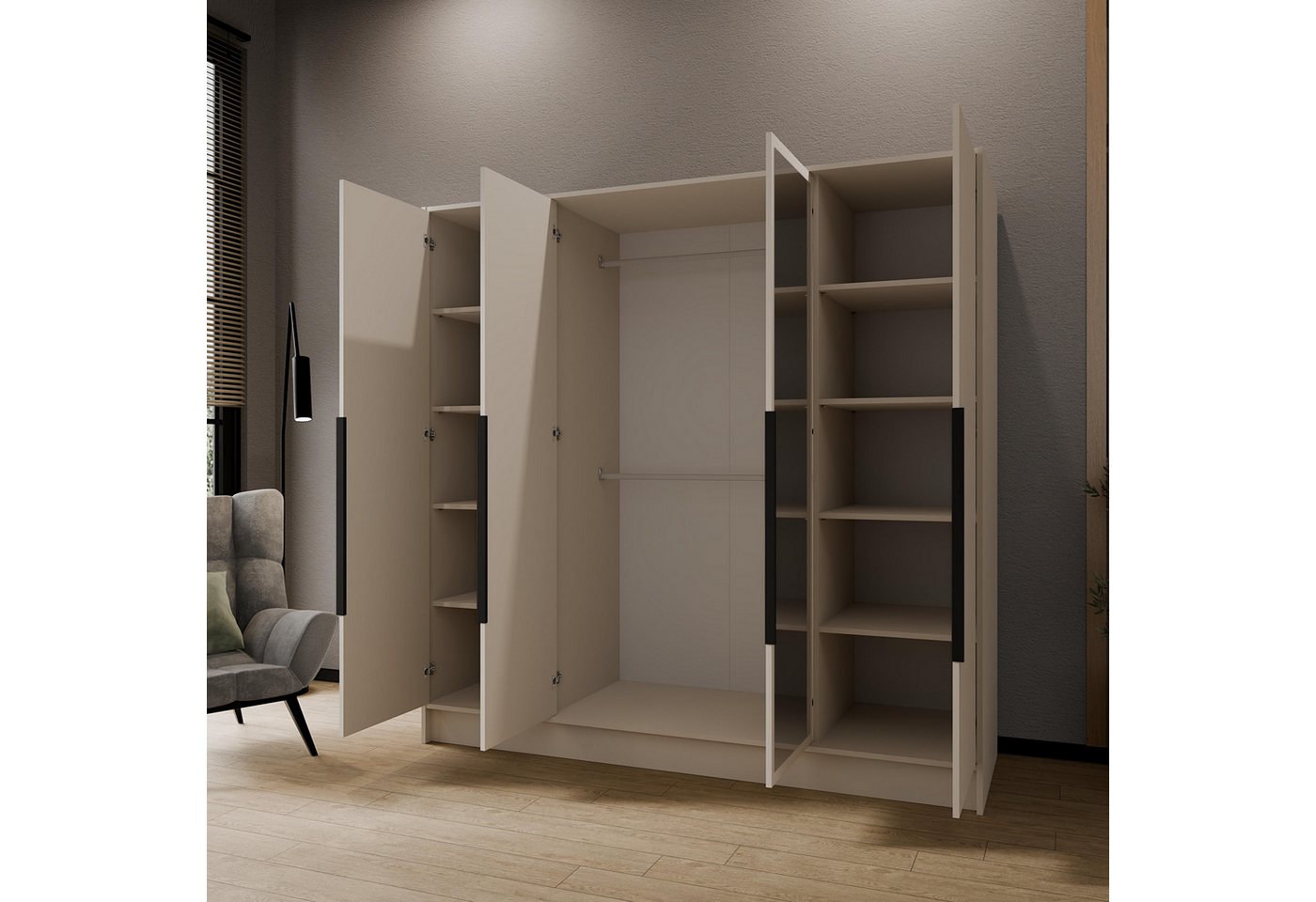 Masseno Drehtürenschrank RENVO 200 cm Kleiderschrank mit Spiegel 4 Türen Kaschmir Bild 5