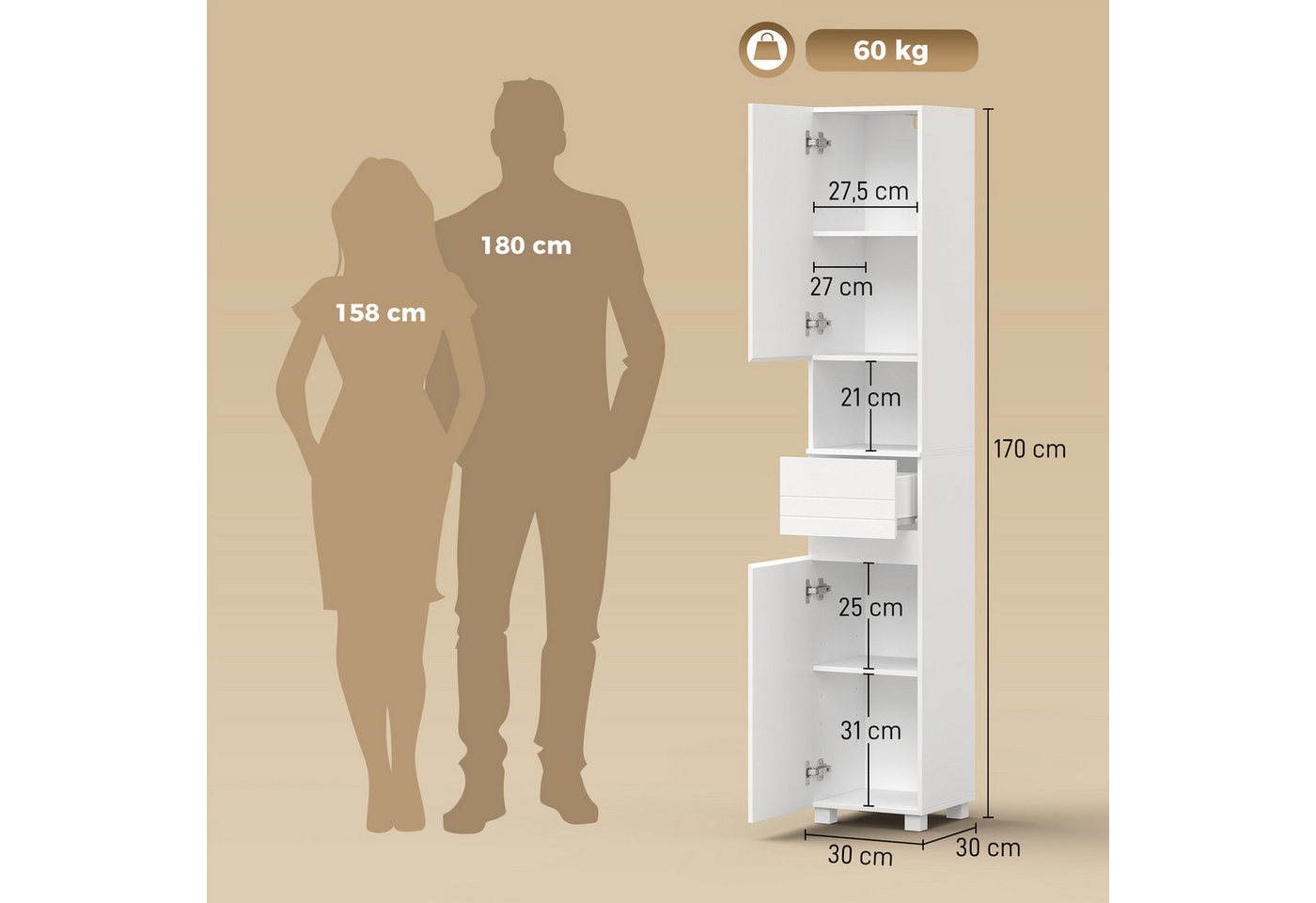 HOMCOM Badkommode Moderner Schrank mit Hochglanztüren (Set, 1 St., 1), Schmaler Hochschrank, verstellbare Einlegeböden