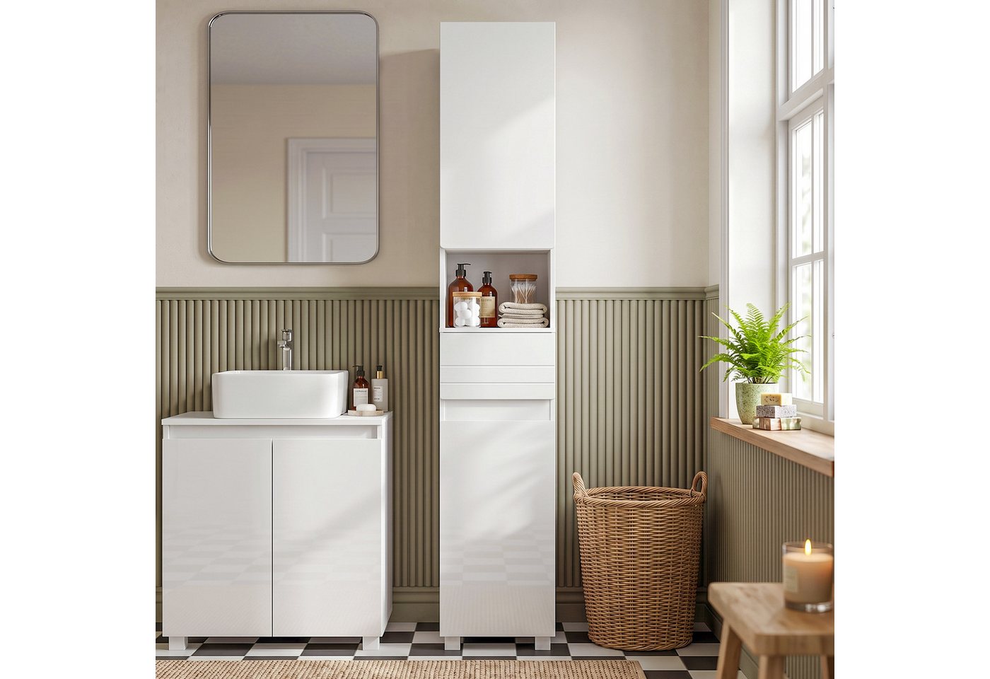 HOMCOM Badkommode Moderner Schrank mit Hochglanztüren (Set, 1 St., 1), Schmaler Hochschrank, verstellbare Einlegeböden Bild 2