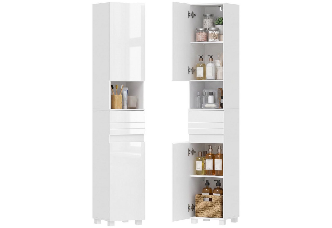 HOMCOM Badkommode Moderner Schrank mit Hochglanztüren (Set, 1 St., 1), Schmaler Hochschrank, verstellbare Einlegeböden Bild 3