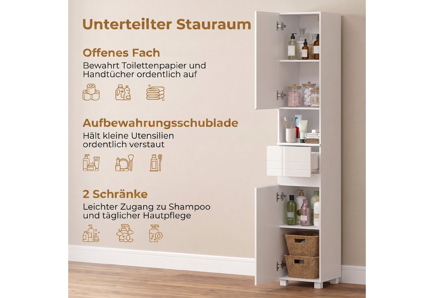 HOMCOM Badkommode Moderner Schrank mit Hochglanztüren (Set, 1 St., 1), Schmaler Hochschrank, verstellbare Einlegeböden Bild 4