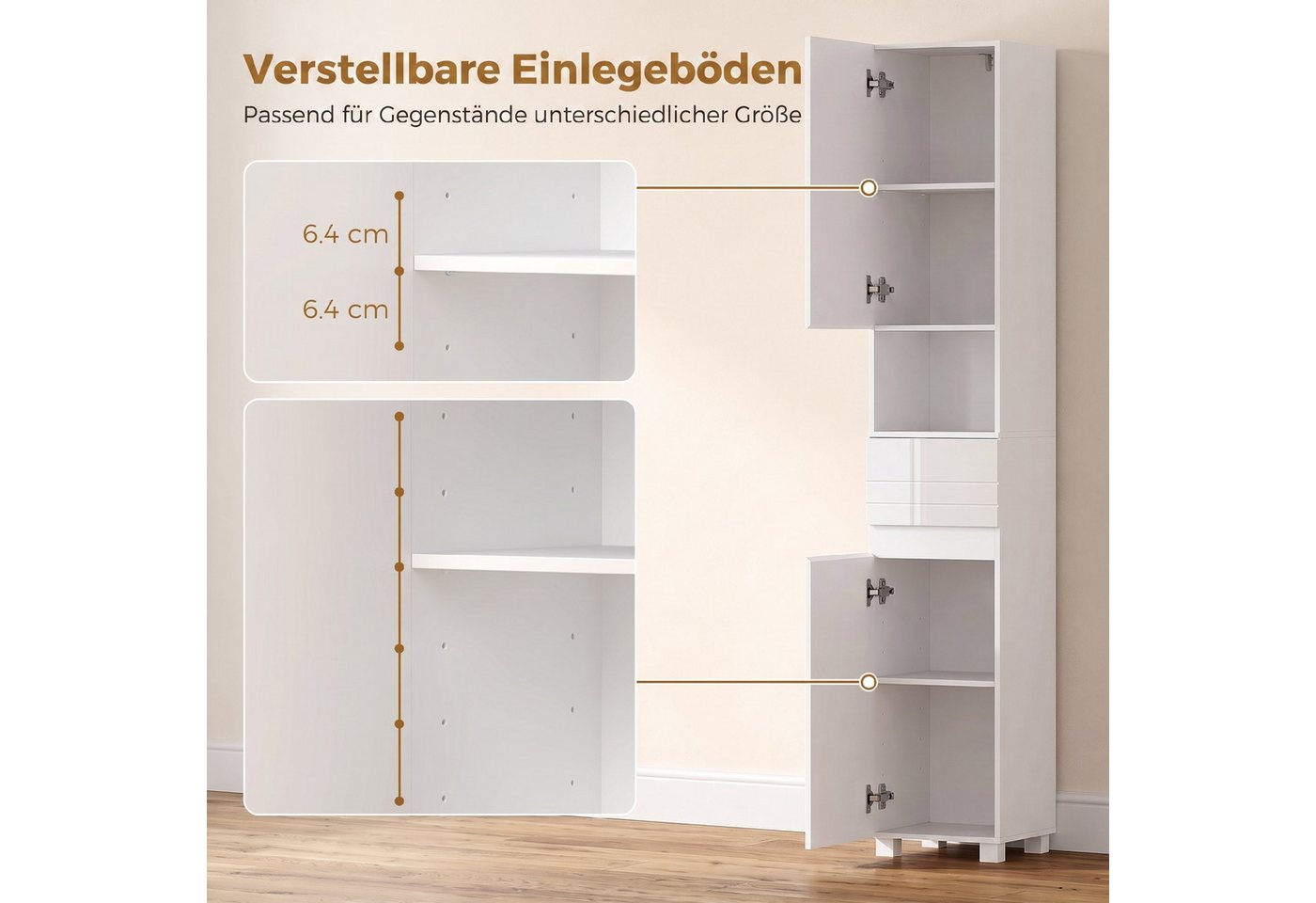 HOMCOM Badkommode Moderner Schrank mit Hochglanztüren (Set, 1 St., 1), Schmaler Hochschrank, verstellbare Einlegeböden Bild 5