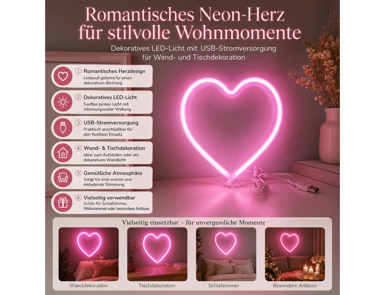 XEOOCE LED Dekolicht LED Neon Herzlampe USB & Batterie Wanddeko