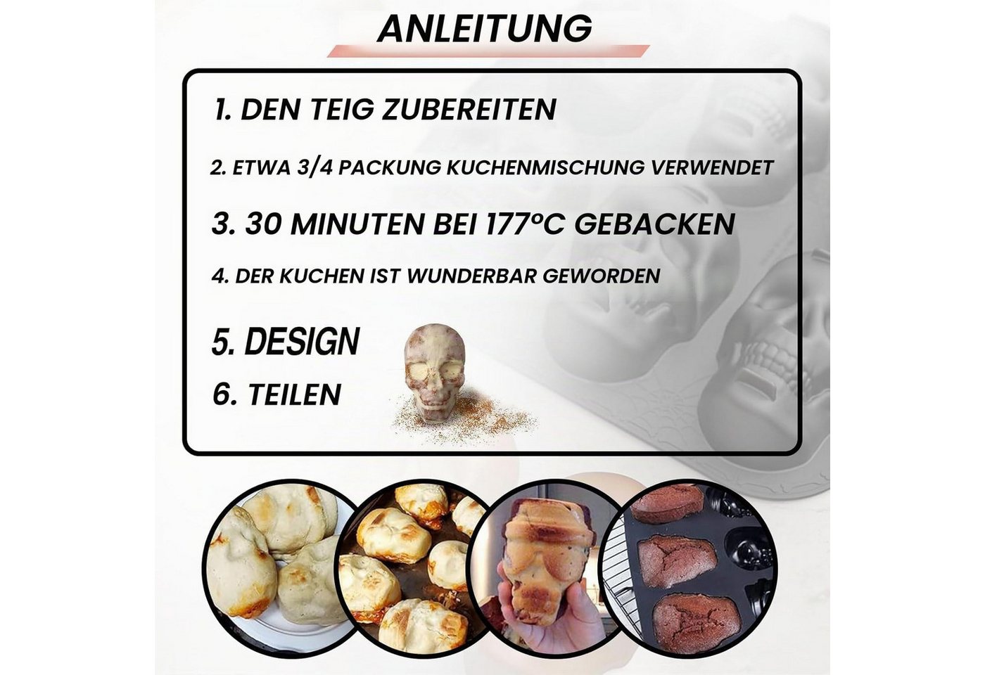 FOUORTUNATE-BEE Backform Halloween Silikonform mit 6 Totenköpfen für Eis Kuchen Schokolade Deko, Totenkopf Backform für Halloween Geburtstag Party Eis und Süßigkeiten Bild 2