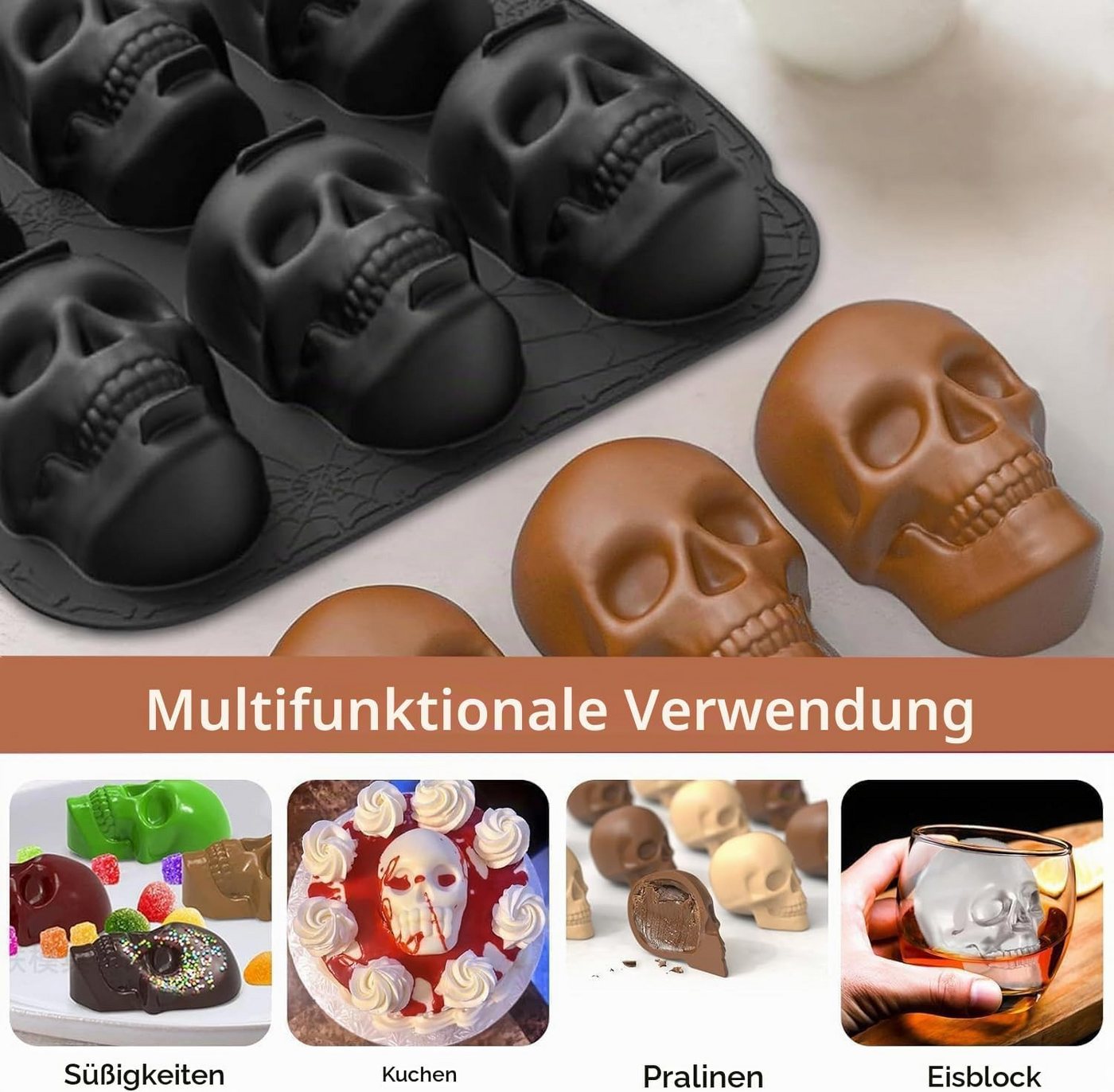 FOUORTUNATE-BEE Backform Halloween Silikonform mit 6 Totenköpfen für Eis Kuchen Schokolade Deko, Totenkopf Backform für Halloween Geburtstag Party Eis und Süßigkeiten Bild 5